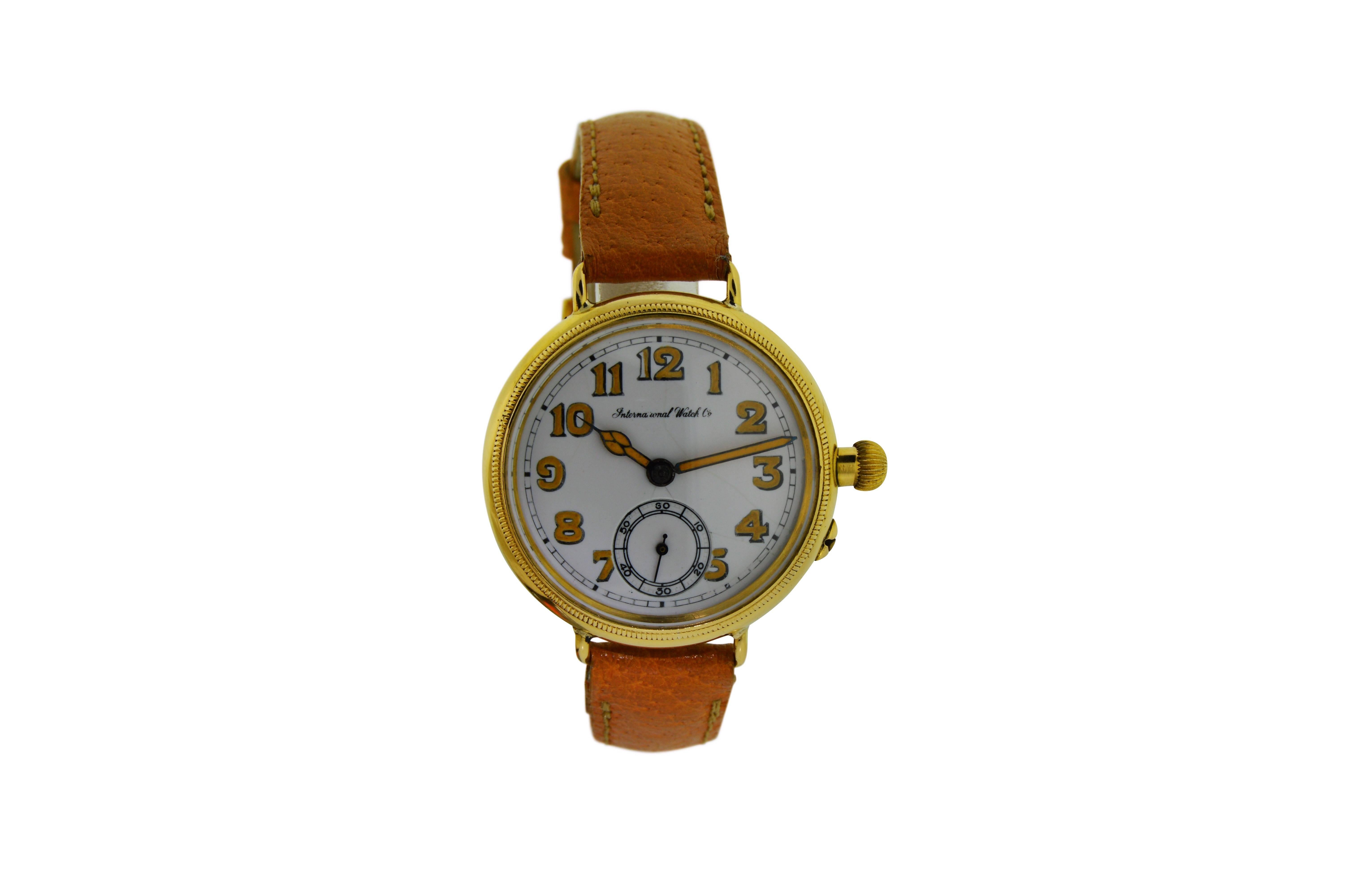 FACTORY / HOUSE: I.W.C. Schaffhausen International Watch Company 
STYLE / REFERENCE: Military / Campaign
METAL / MATERIAL: 18 Kt. Yellow Gold
DIMENSIONS: 39mm X 34mm
CIRCA: 1915 
MOVEMENT / CALIBER: Manual Winding / 15 Jewels 
DIAL / HANDS: Enamel