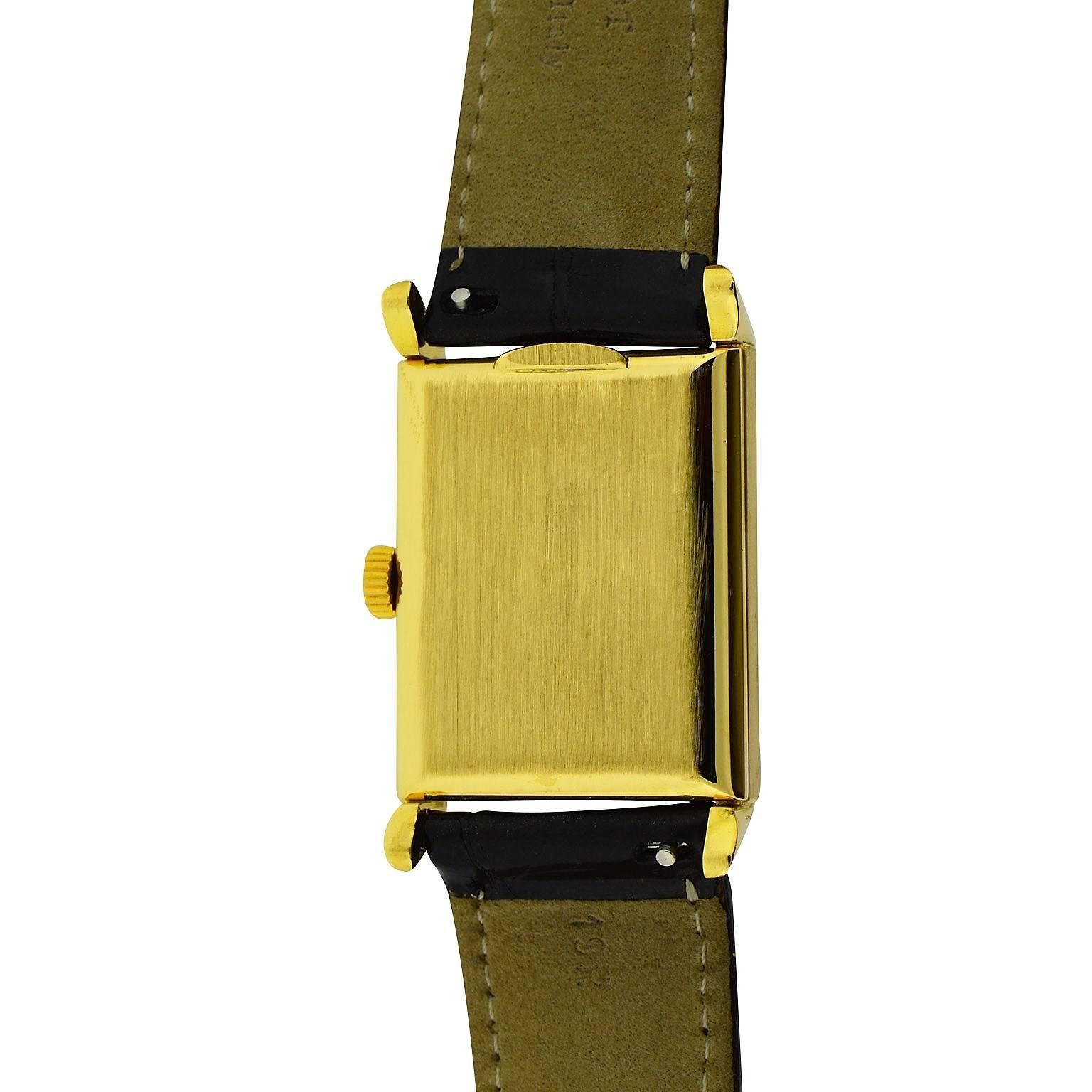 FACTORY / HOUSE: Patek Philippe and Company
STYLE / REFERENCE: Art Deco / Tank Style
METAL / MATERIAL: 18 Kt. Yellow Gold
DIMENSIONS: 38mm X 24mm
CIRCA: 1950
MOVEMENT / CALIBER: Manual Winding / 18 Jewels / Cal. 9-90
DIAL / HANDS: Silvered with Kiln