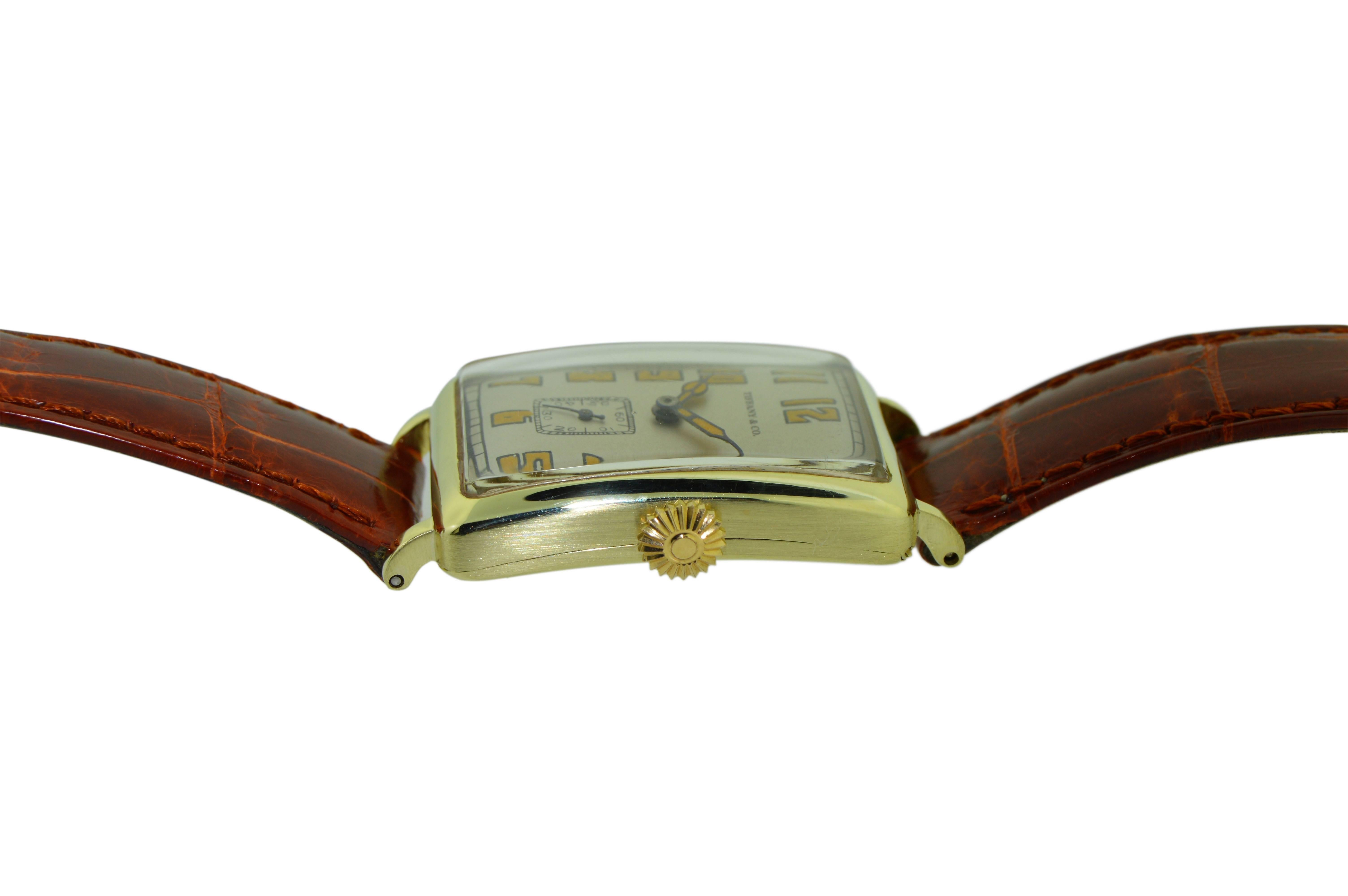 FACTORY / HOUSE: Longines Watch Company for Tiffany and Co.
STYLE / REFERENCE: Art Deco / Tank Style
METAL / MATERIAL: 14 Kt. Solid Gold
DIMENSIONS: 34mm X 25mm
CIRCA: 1920's
MOVEMENT / CALIBER: Manual Winding / 15 Jewels / Cal. 10.86
DIAL / HANDS: