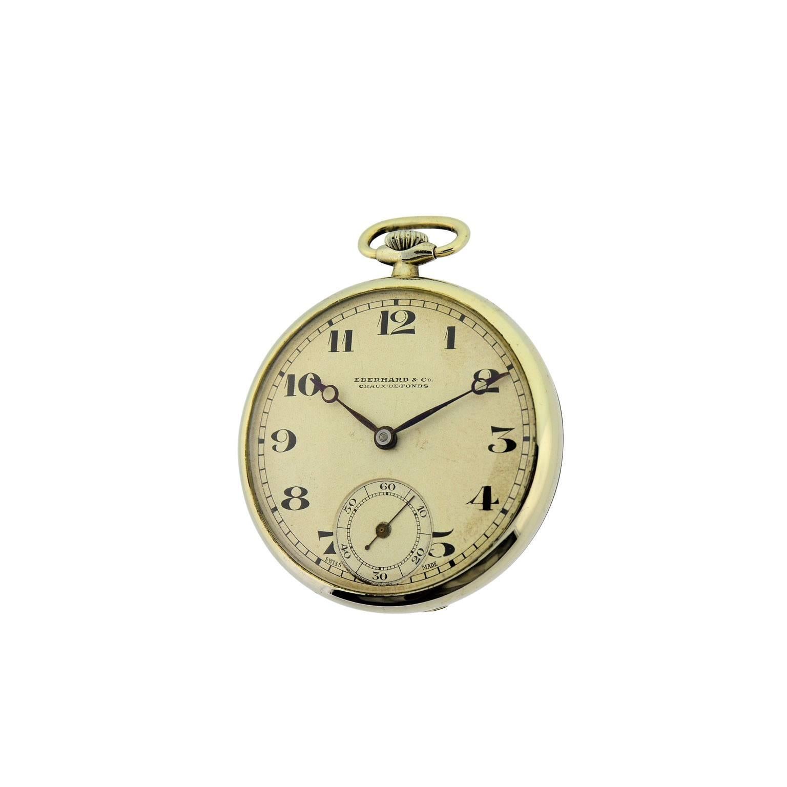 Eberhard and Co. Nickel Silver Open Faced Manual Pocket Watch, circa