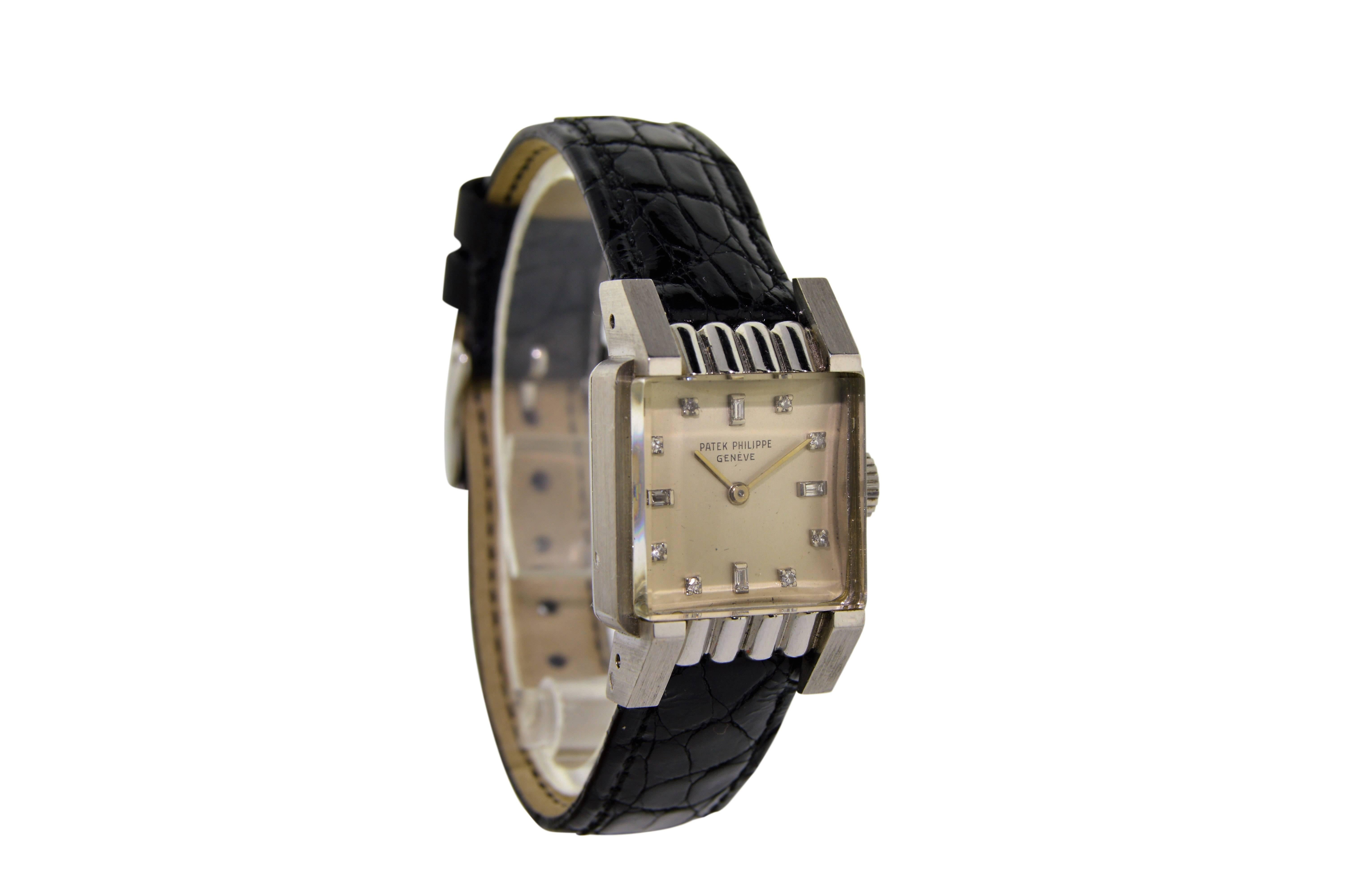 Patek Philippe Ladies Platinum Art Deco Dress Wristwatch Original Bracelet In Excellent Condition In Long Beach, CA