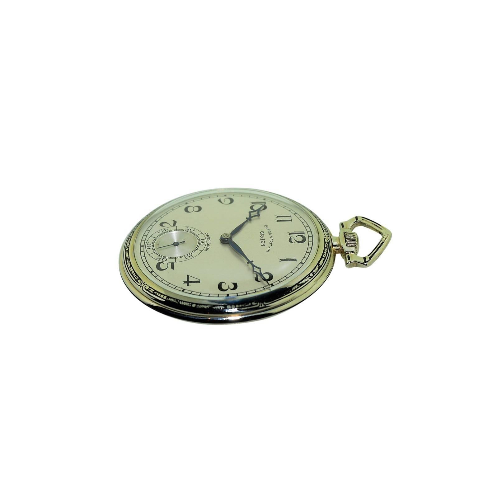 Art Deco Gruen Solid White Gold Manual Pocket Watch, circa 1930s