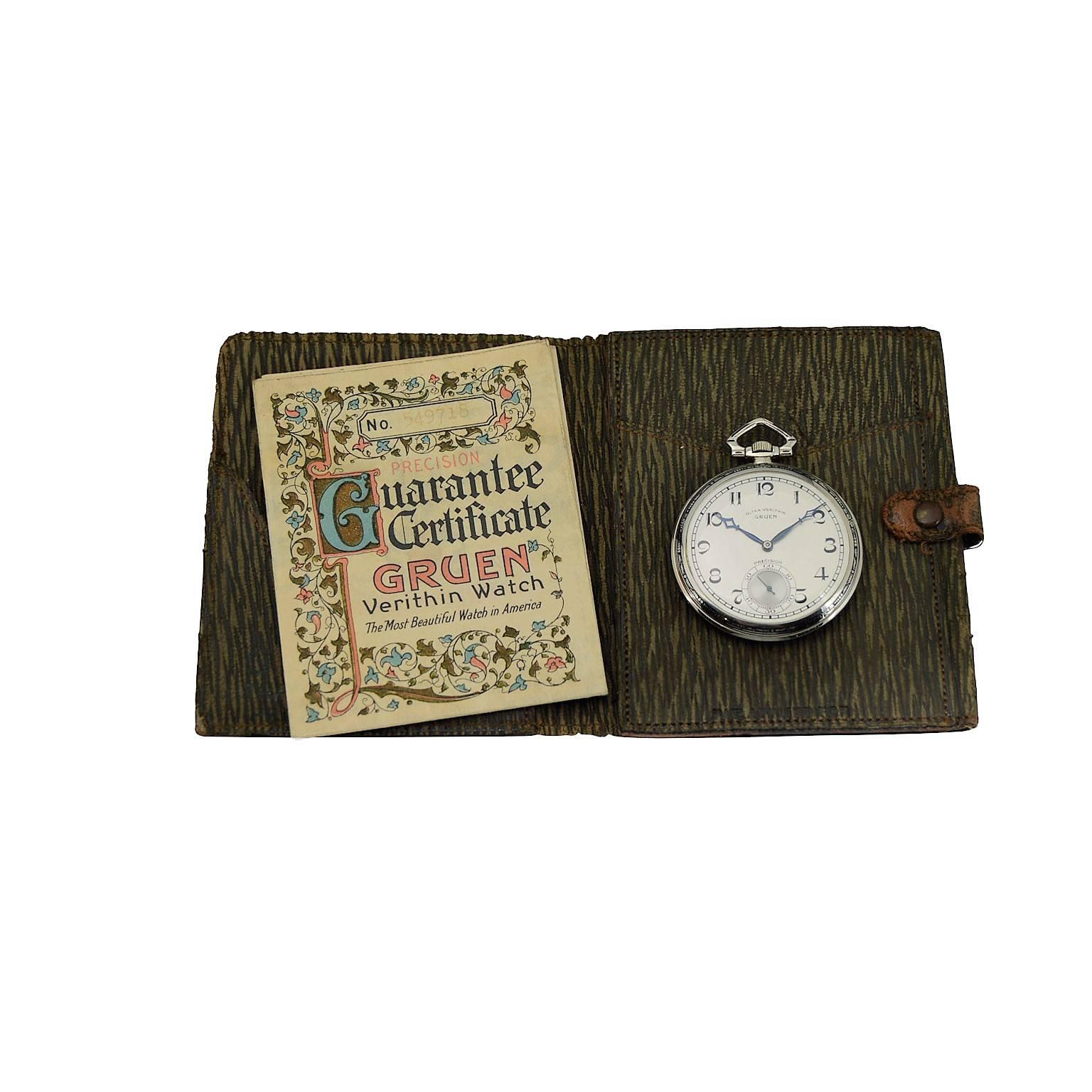 Gruen Solid White Gold Manual Pocket Watch, circa 1930s
