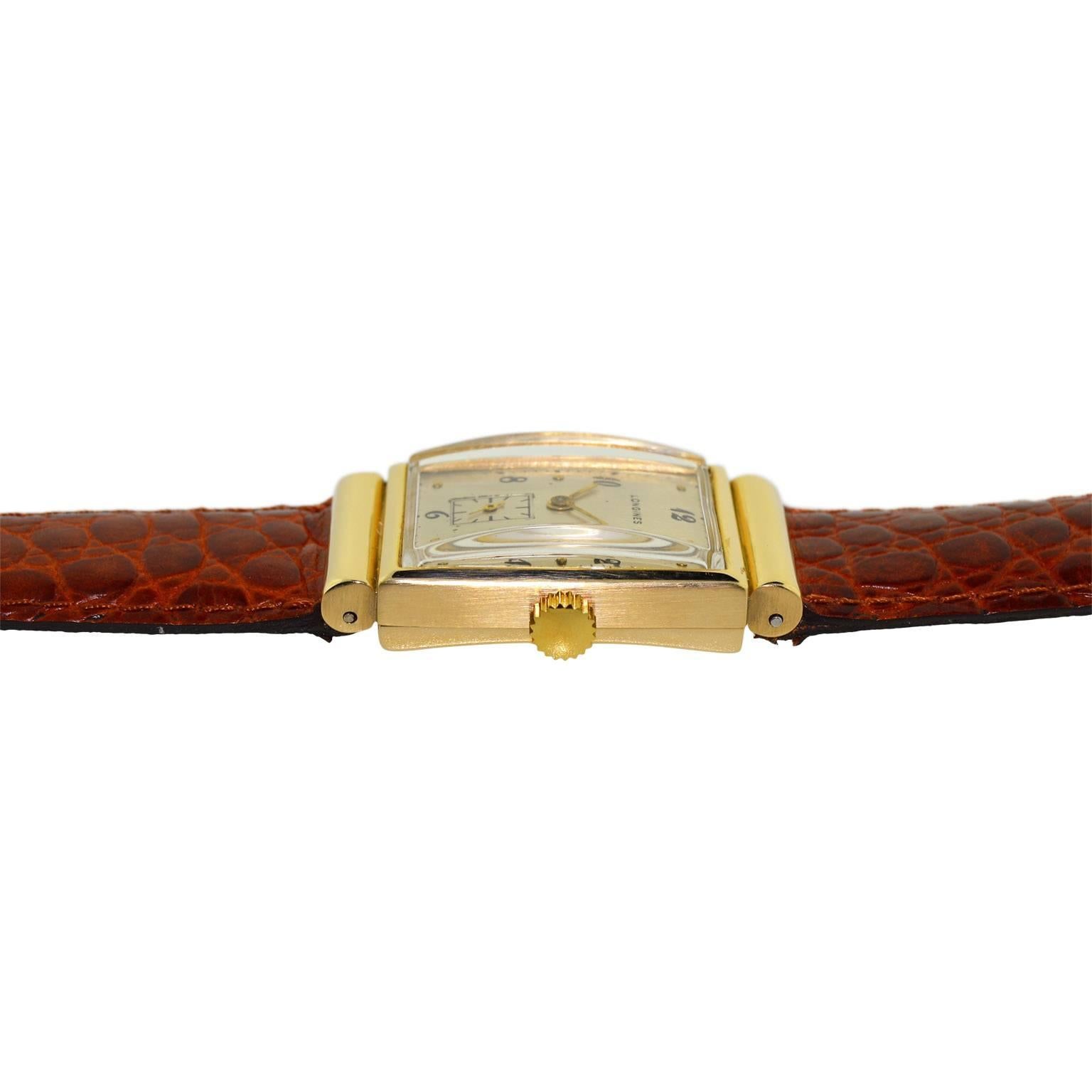 Longines Yellow Gold Art Deco Covered Lugs Manual Wind Wristwatch  In Excellent Condition In Long Beach, CA