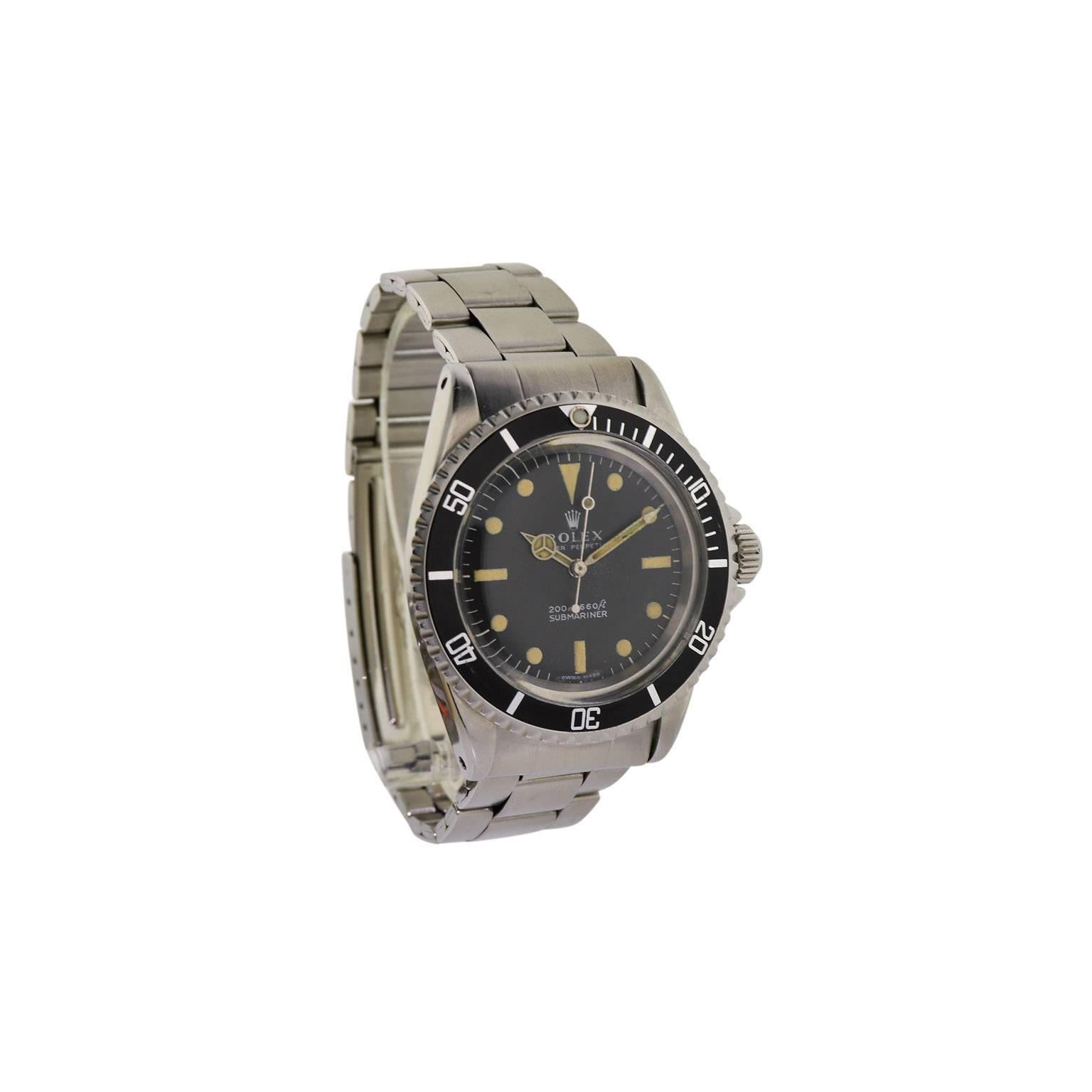 FACTORY / HOUSE: Rolex Watch Company
STYLE / REFERENCE:  Submariner / Ref. 5513
METAL / MATERIAL: Stainless Steel
DIMENSIONS: 47 mm X 39  mm
CIRCA: 1967 / 1968
MOVEMENT / CALIBER: Perpetual Winding /  Jewels / Cal. 1520
DIAL / HANDS: Original Black