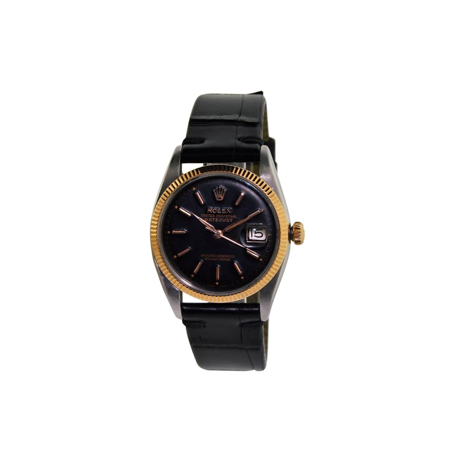 FACTORY / HOUSE: Rolex Watch Company
STYLE / REFERENCE:  Datejust / Red and Black Date Wheel
METAL / MATERIAL: Stainless Steel and Solid Gold
DIMENSIONS:  45mm X 36mm
CIRCA: 1955 / 1956
MOVEMENT / CALIBER: Perpetual Winding / 20 Jewels / Cal. 746 /