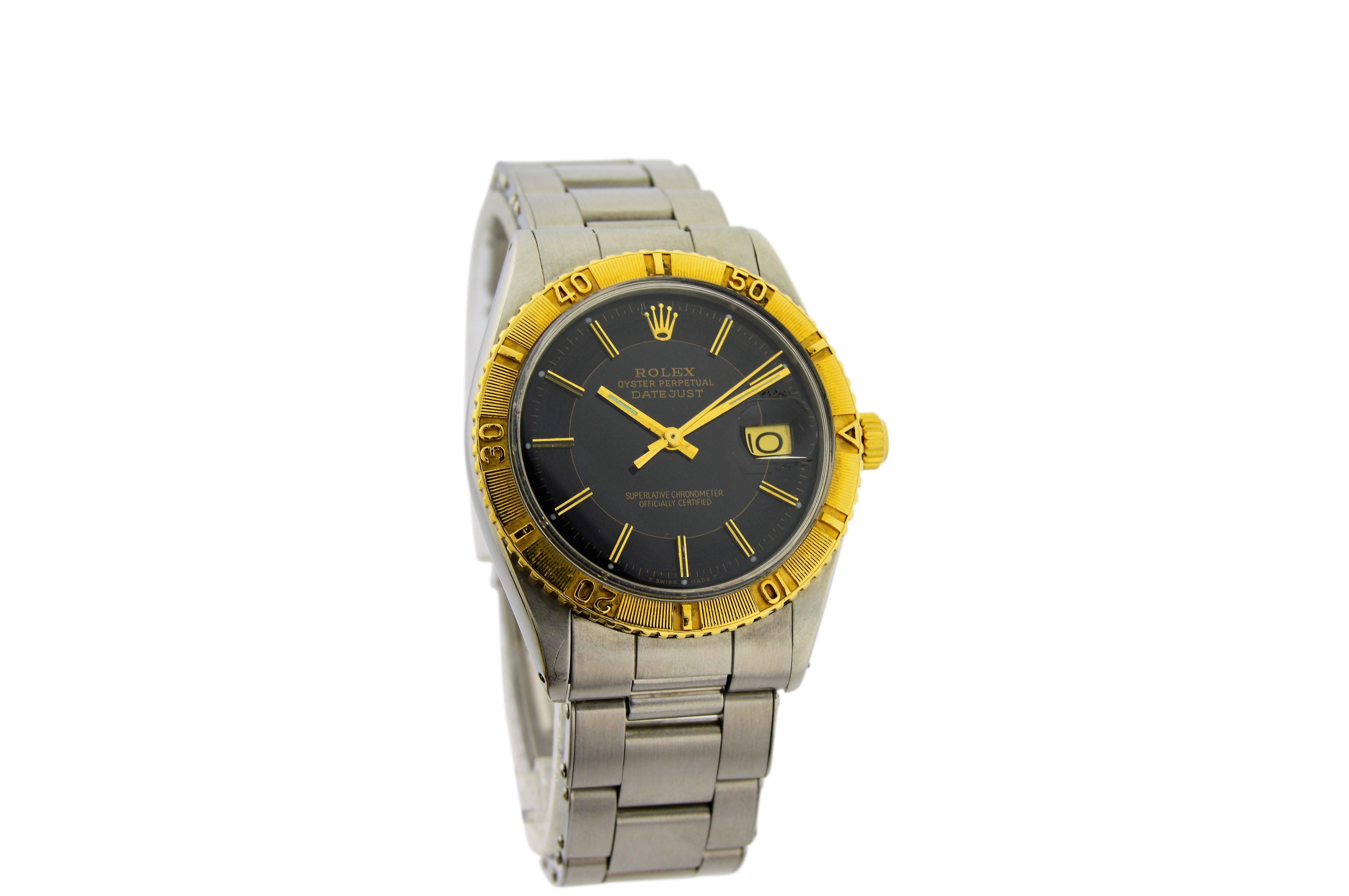 FACTORY / HOUSE: Rolex Watch Company
STYLE / REFERENCE: Datejust / Ref. 1625
METAL / MATERIAL: Stainless Steel and 14Kt. Yellow Gold
DIMENSIONS:  42mm X 36mm
CIRCA: 1971 / 1972
MOVEMENT / CALIBER: Perpetual Winding / 26 Jewels / Cal. 1570
DIAL /