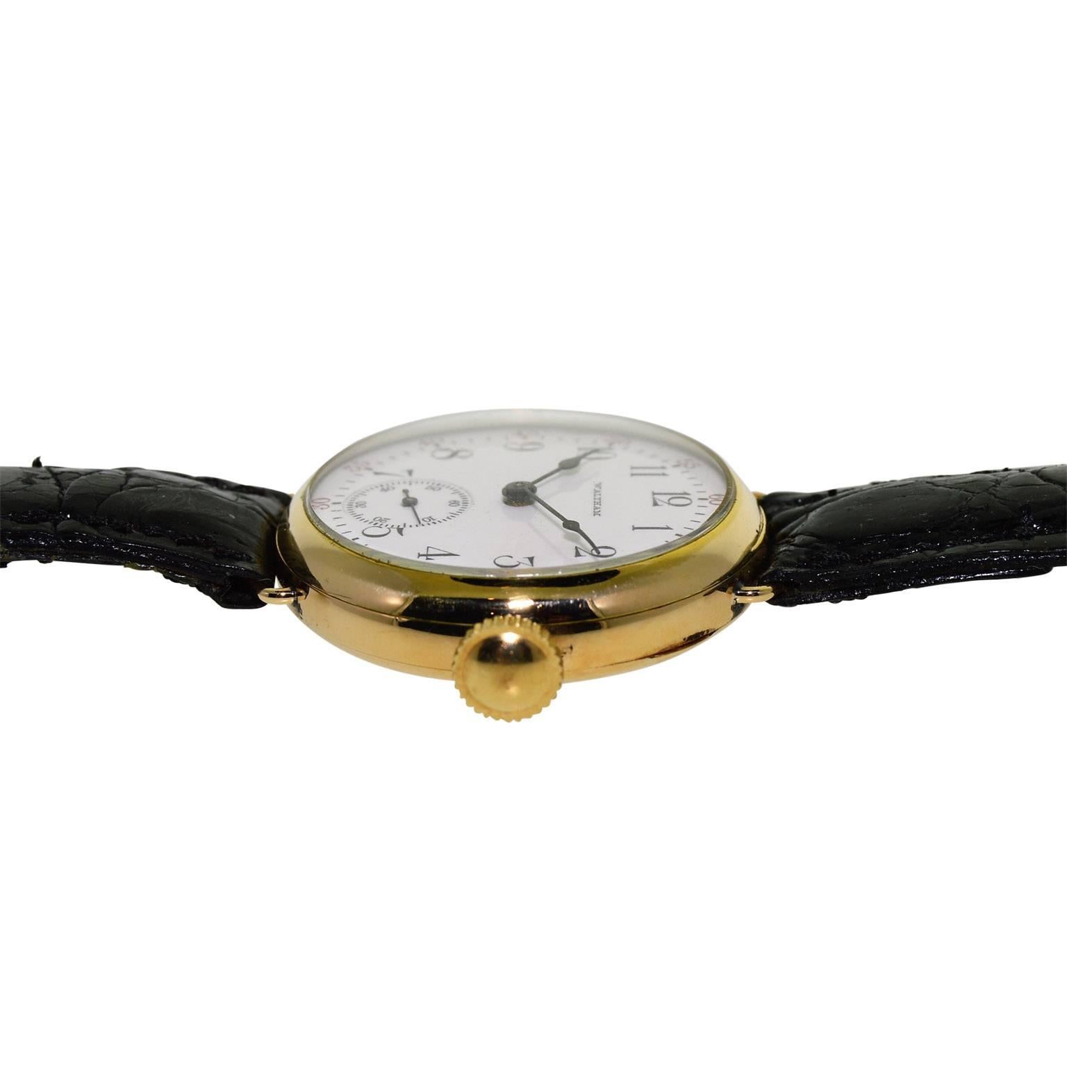 Women's or Men's Waltham Yellow Gold Filled Campaign Style Manual Watch, circa 1908 