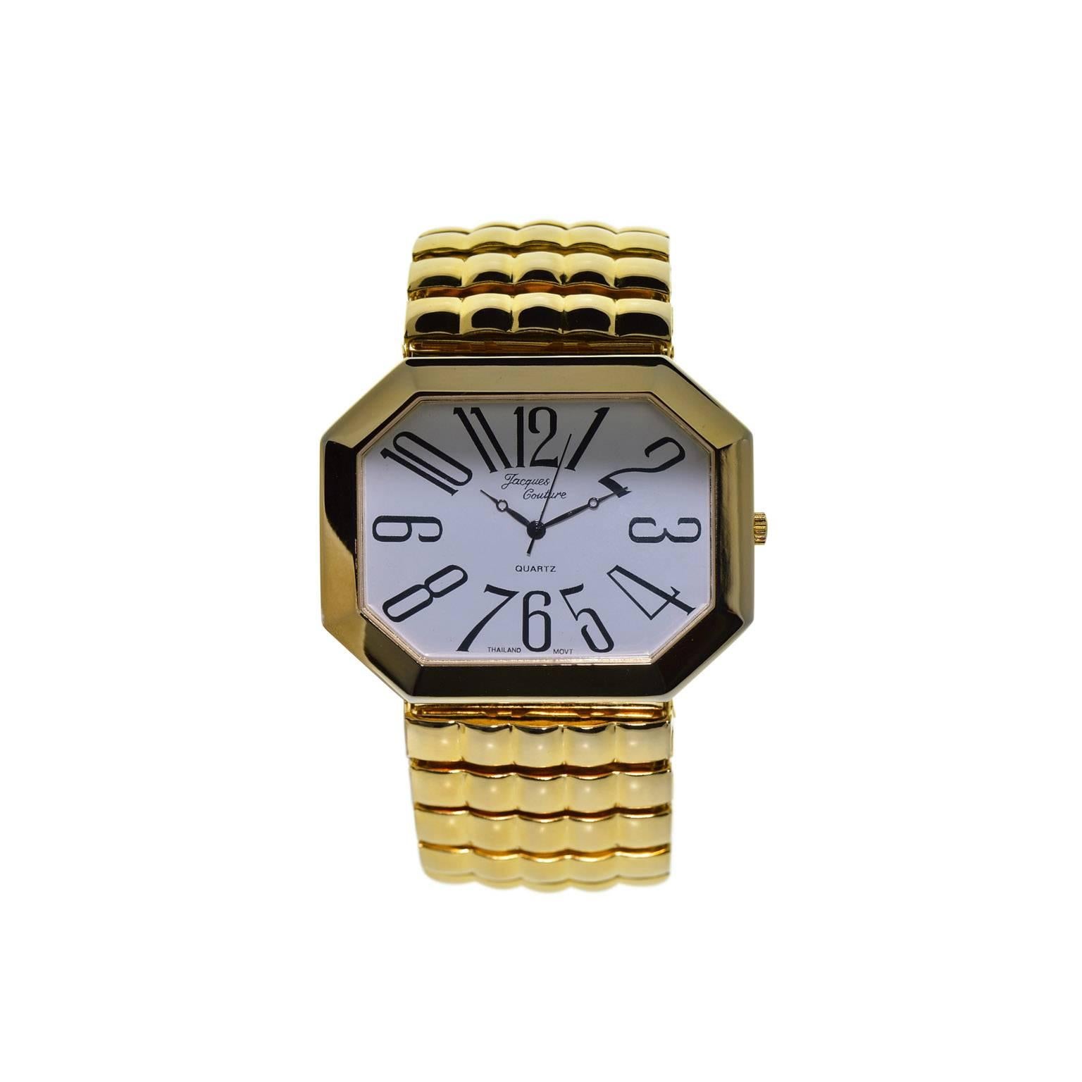 FACTORY / HOUSE: Jacques Couture
STYLE / REFERENCE: Modern Oversized 
METAL / MATERIAL: Gold Plated
CIRCA: 1980's
DIMENSIONS: Length 52mm X Width 41mm
MOVEMENT / CALIBER: Quartz 
DIAL / HANDS: Original White / Arabic Numerals / Breguet Blued Steel