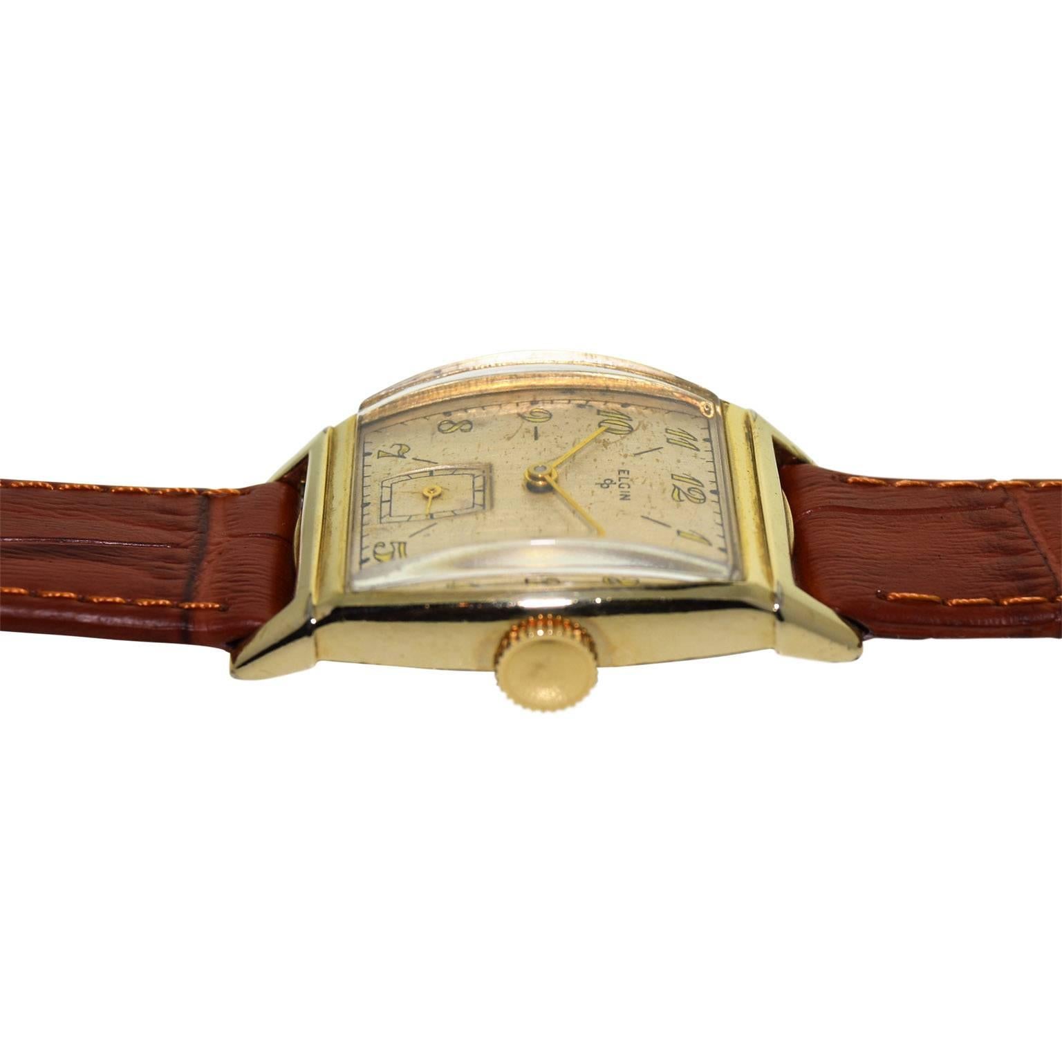 Art Deco Elgin Yellow Gold Filled Tonneau Shape Original Dial Manual Watch, 1940s