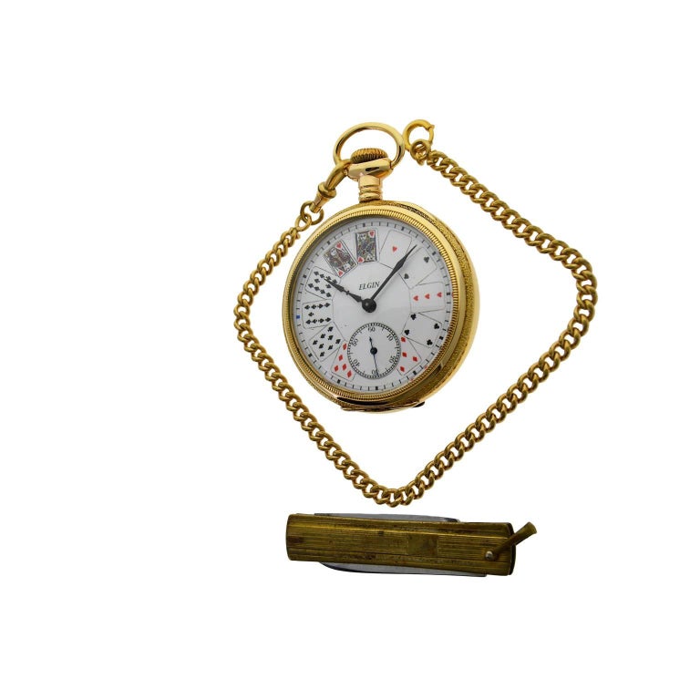Elgin Yellow Gold Filled Pocket Watch Chain Knife Playing Cards