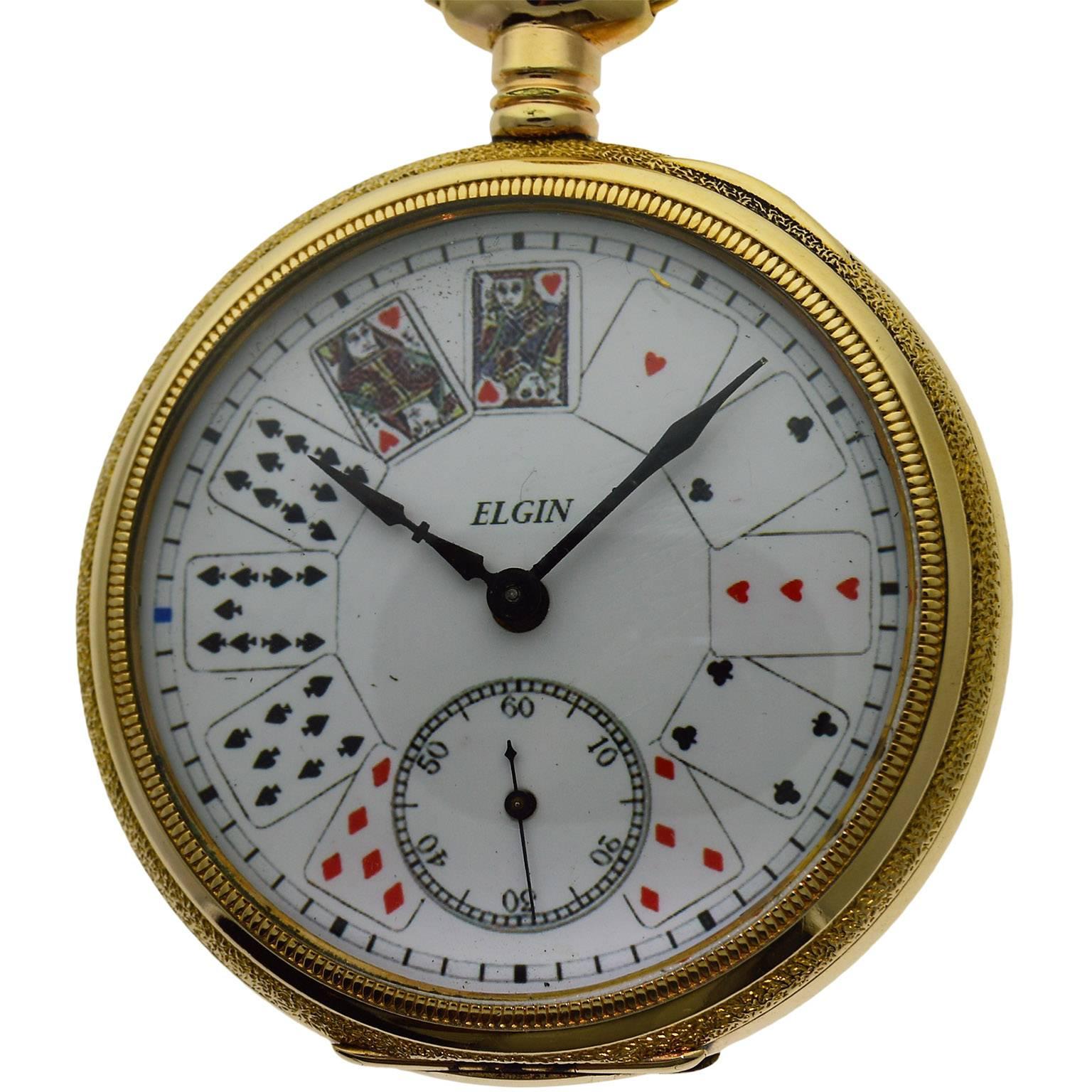 Women's or Men's Elgin Yellow Gold Filled Pocket Watch Chain Knife Playing Cards Gamblers Set