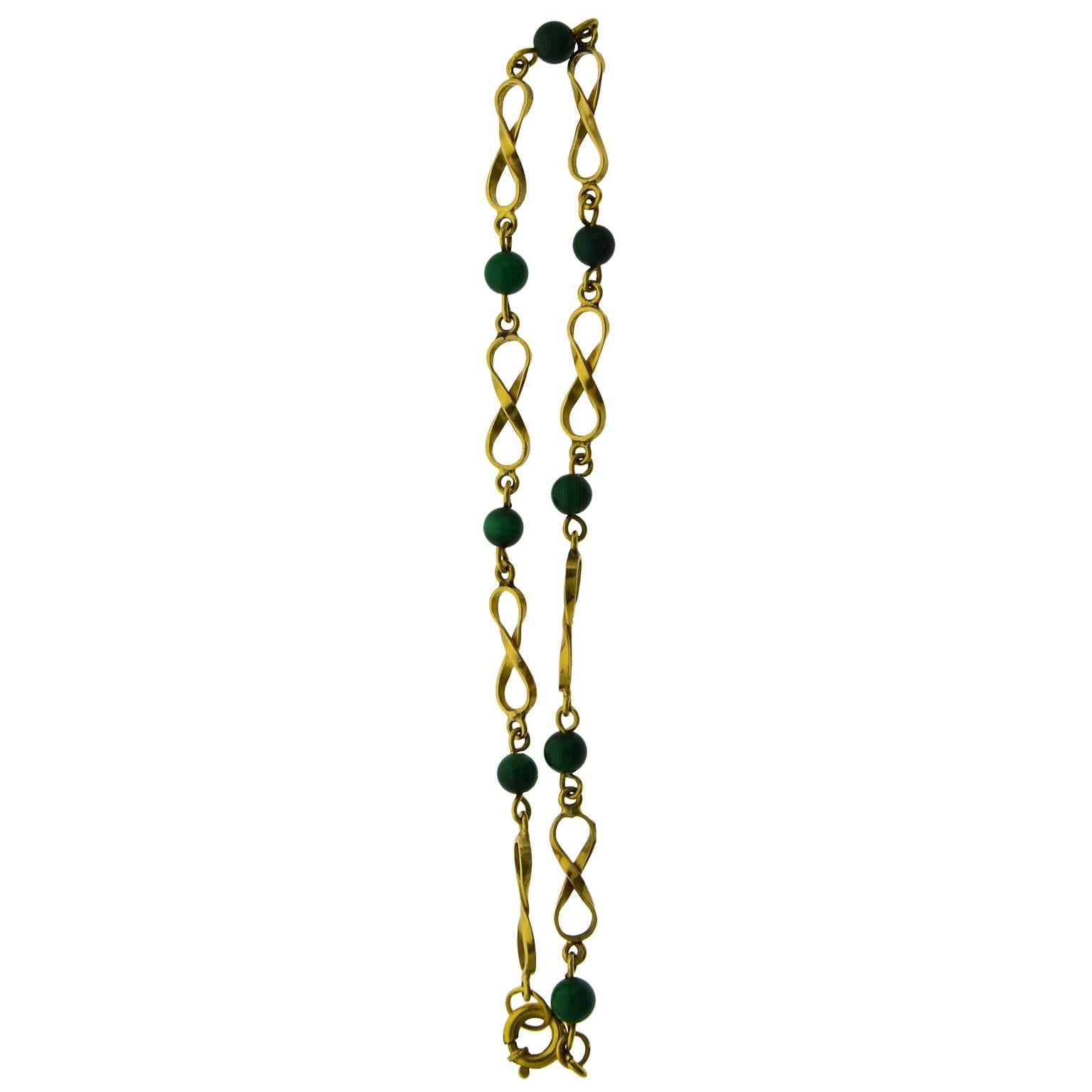 Art Deco Solid Gold Hand Constructed Link Bracelet with Malachite Beads