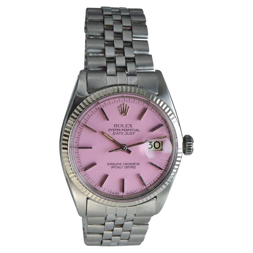 Rolex Stainless Steel White Gold Bezel Datejust with Custom Pink Dial 1960's For Sale