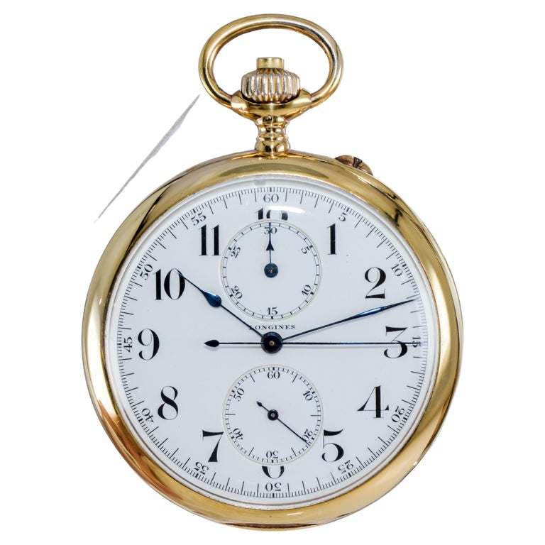 Longines Montre à gousset chronographe à cadran ouvert en or jaune 14  carats des années 1920 En vente sur 1stDibs