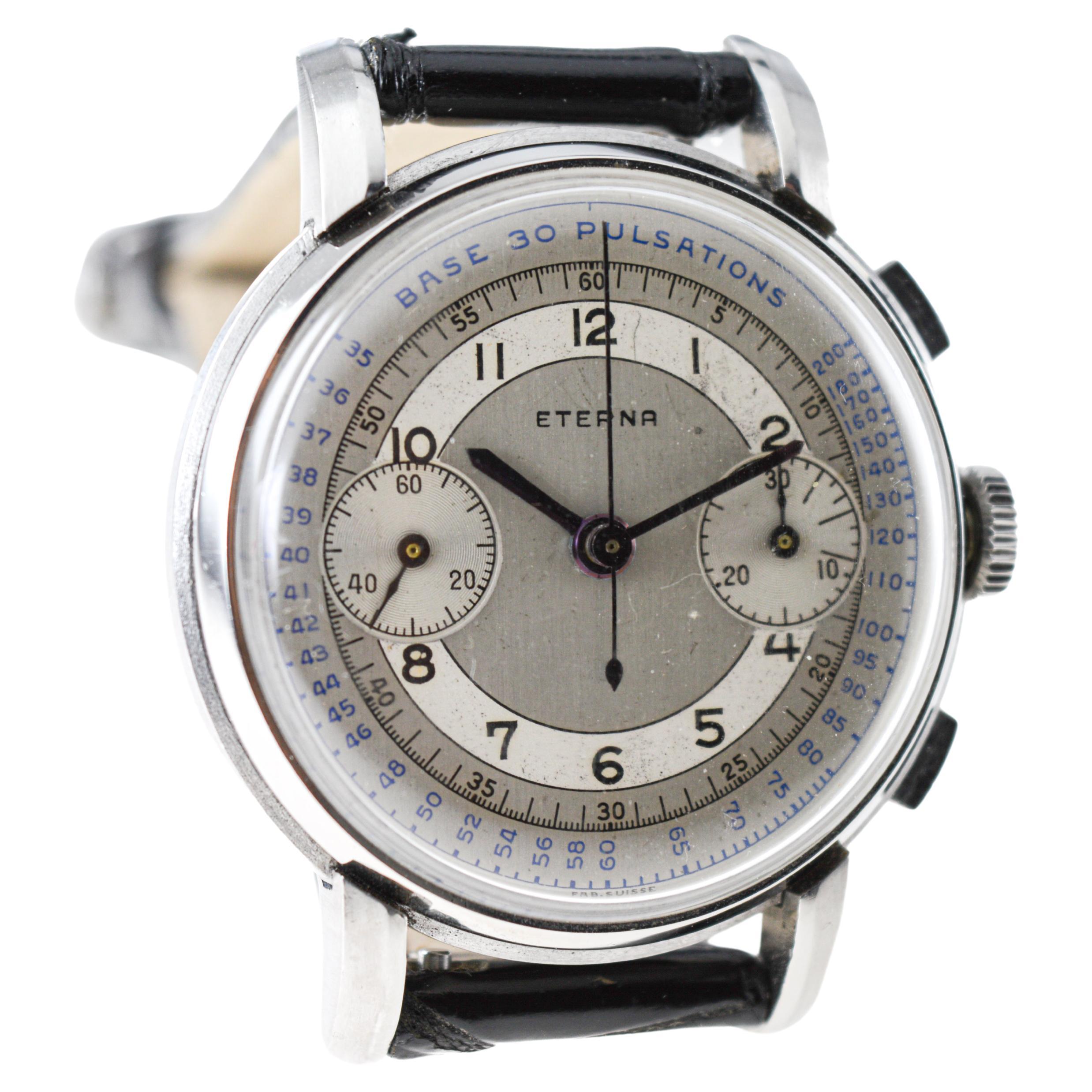Eterna Stainless Steel 1930's Doctor's Pulsation Chronograph Watch For Sale 2