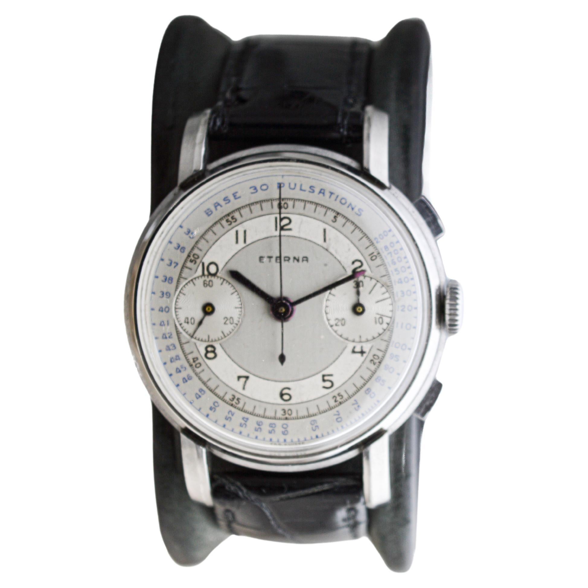 Art Deco Eterna Stainless Steel 1930's Doctor's Pulsation Chronograph Watch For Sale