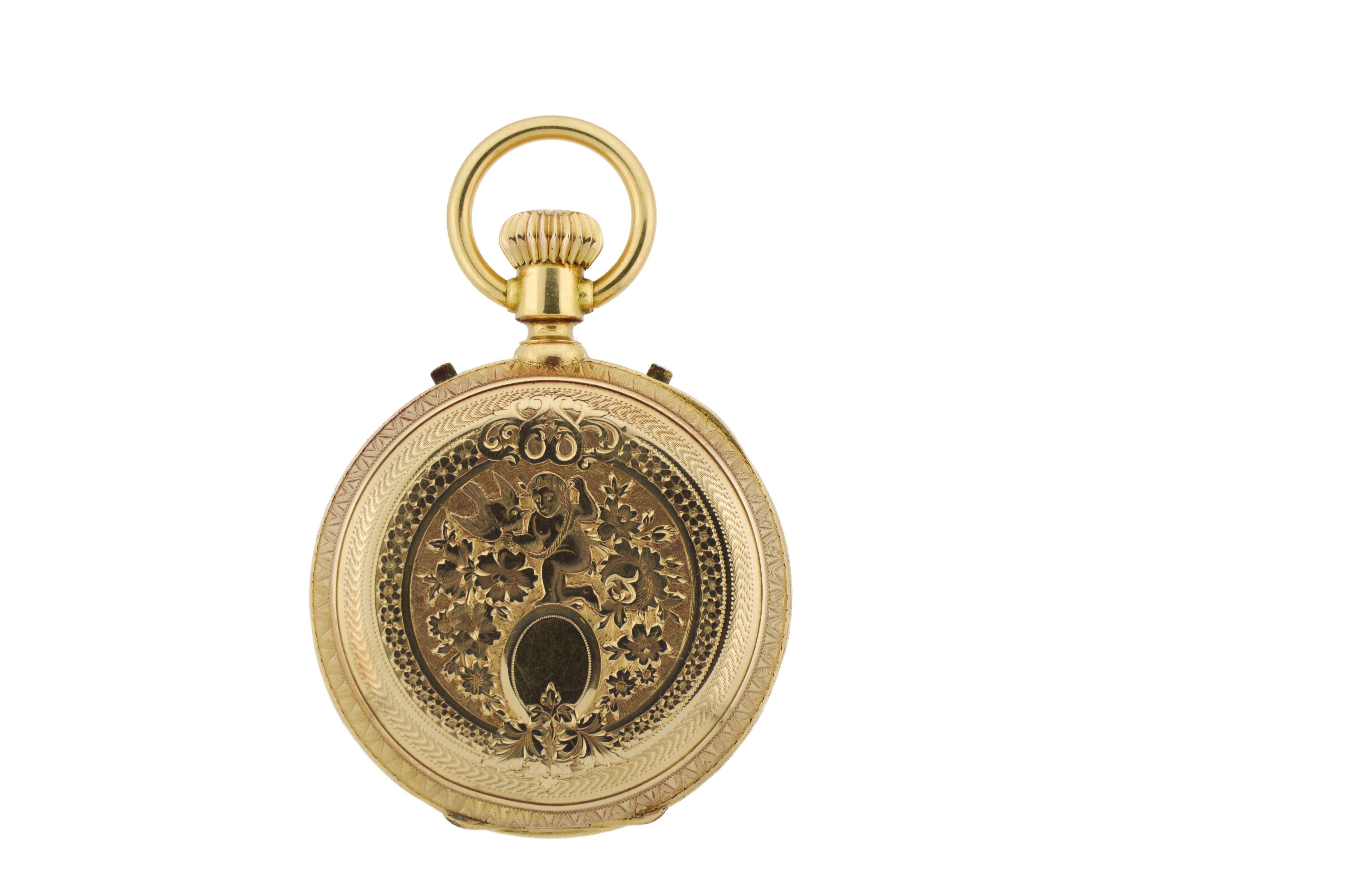 18kt solid gold man's Swiss made pocket watch. This watch has a beautiful hand carved case in excellent condition. The Enamel dial is in perfect condition. This chronograph watch is set up with a true beat escapement. It is a unique and unusual