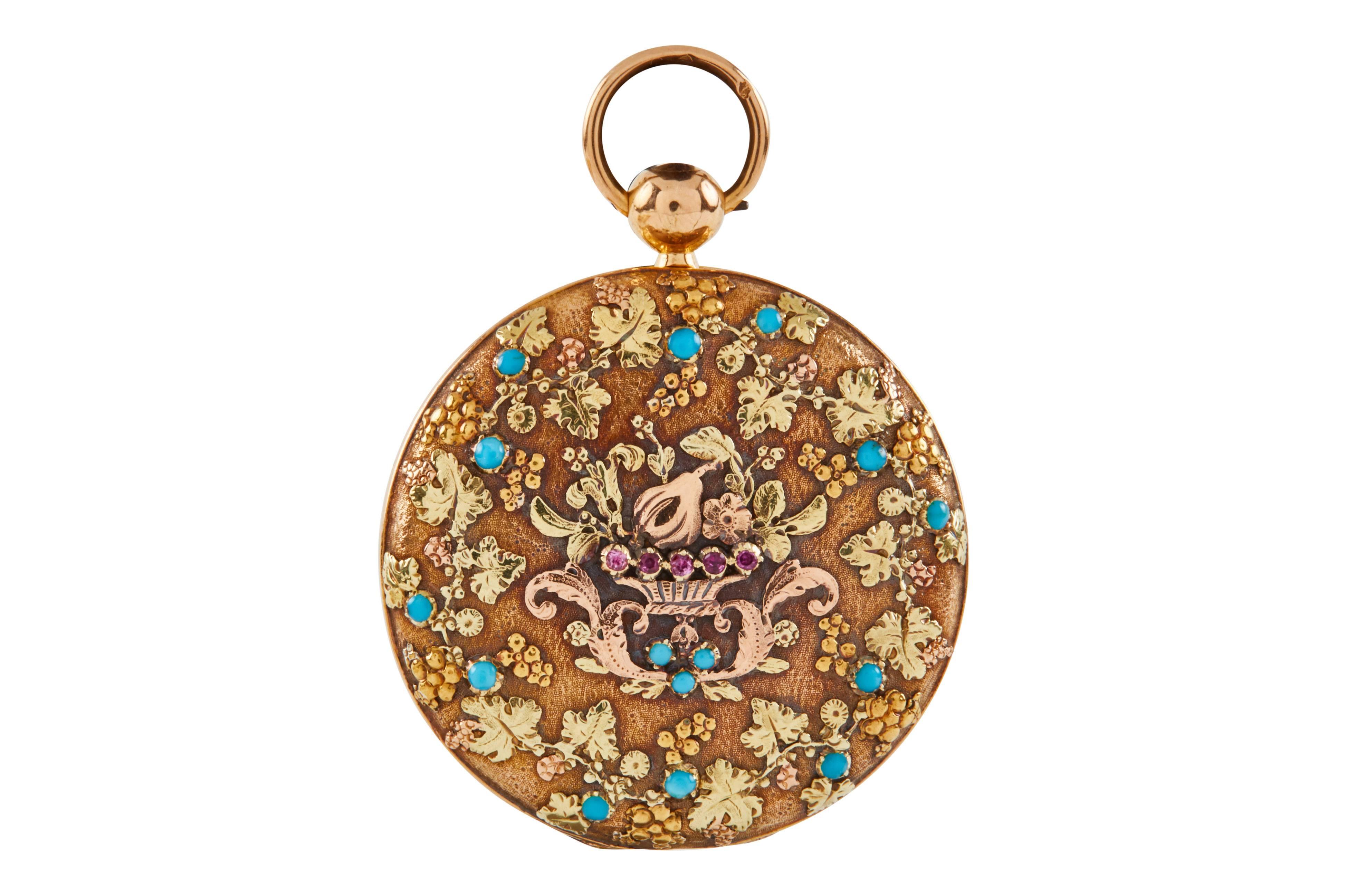 An exceptionally unique pocket watch with multi color dial and case. 
The back, set with turquoise and 