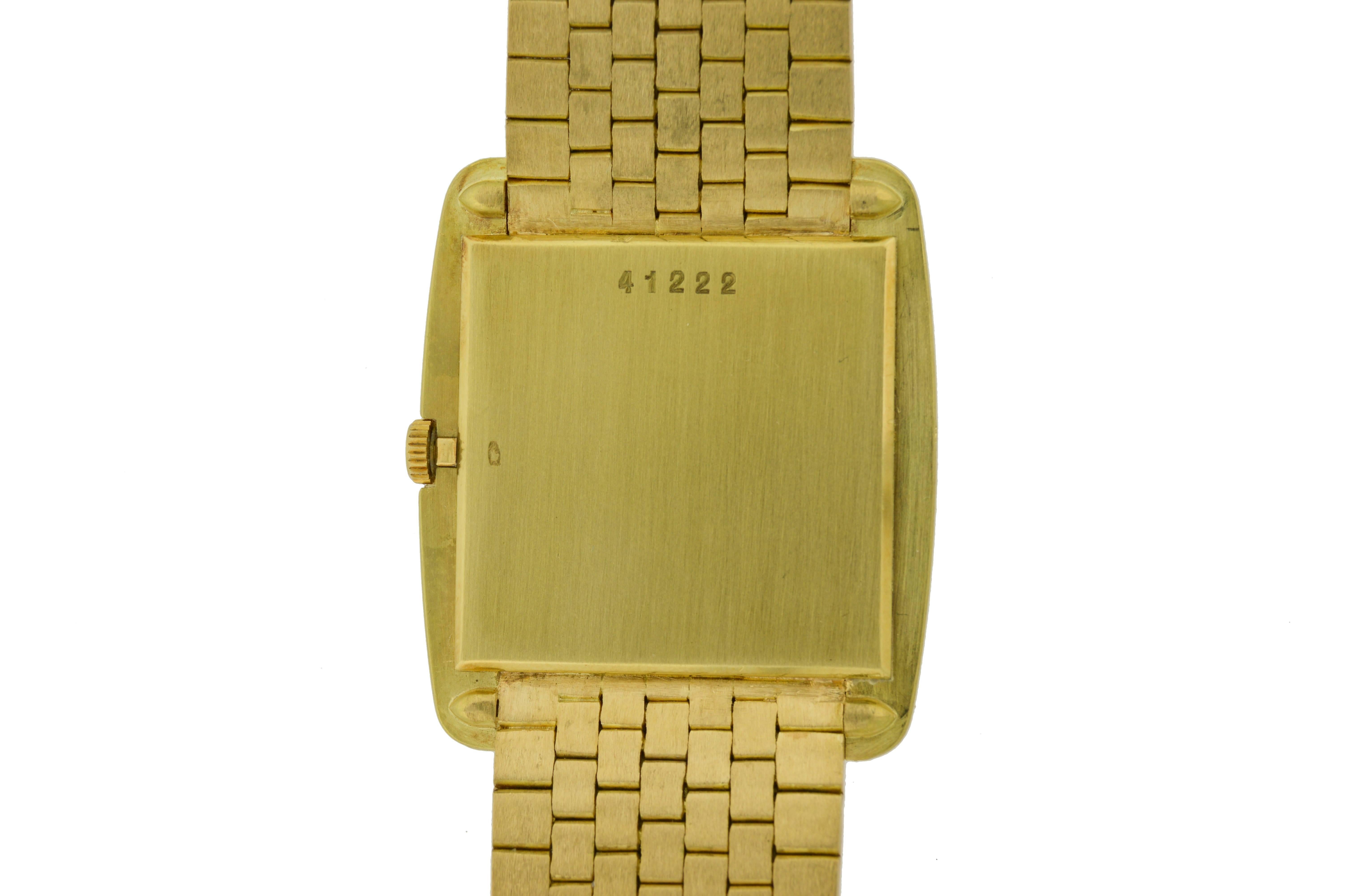 FACTORY / HOUSE: Audemars Piguet
STYLE / REFERENCE: Ultra Thin Bracelet Watch
METAL / MATERIAL: 18Kt Solid Yellow Gold
DIMENSIONS: 30mm X 27mm
CIRCA: 1960's / 1970's
MOVEMENT / CALIBER: Manual Winding / 18 Jewels 
DIAL / HANDS: Original Florentine