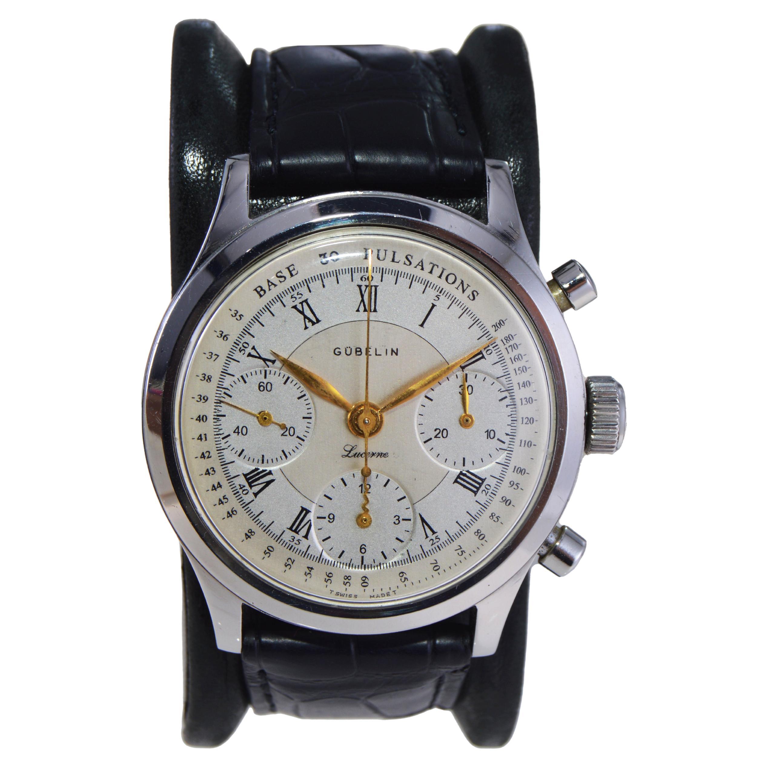 Gubelin Stainless Steel Valjoux 72 Chronograph Doctors Pulsation Watch, 1940s