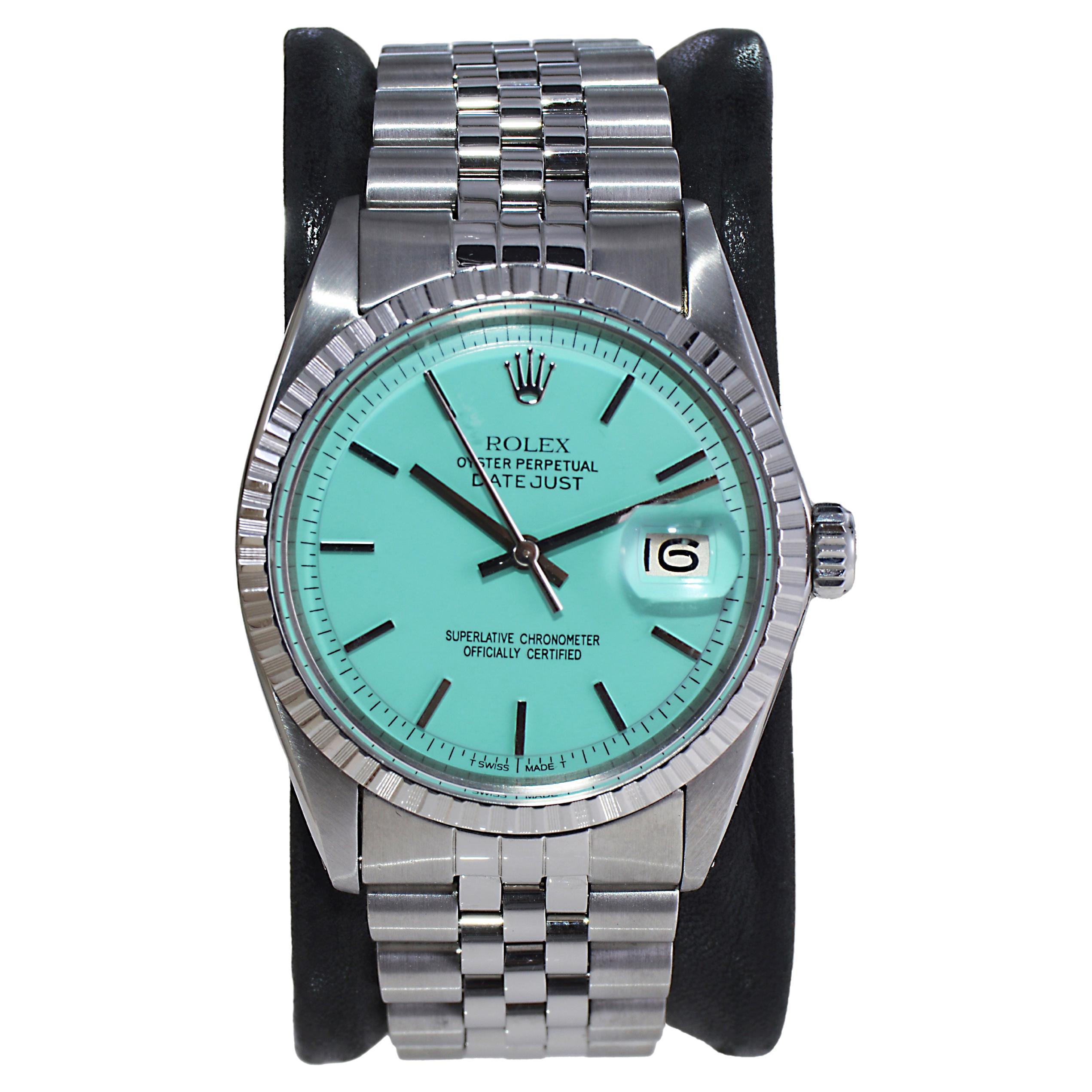 Rolex Stainless Steel Datejust with Custom Made Tiffany Blue Dial circa  1970's For Sale at 1stDibs