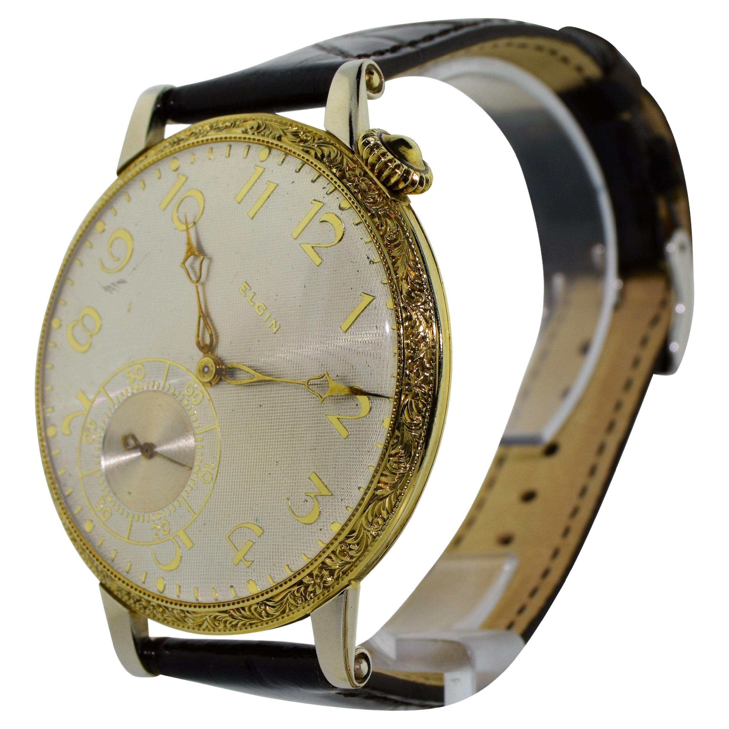 FACTORY / HOUSE: Elgin Watch Company
STYLE / REFERENCE: Art Deco / Wrist / Pocket Watch
METAL / MATERIAL: 14Kt White and Yellow Gold 
DIMENSIONS: Length 53mm  X Diameter 44mm
CIRCA: 1920's
MOVEMENT / CALIBER: Manual Winding / 21 Jewels / High