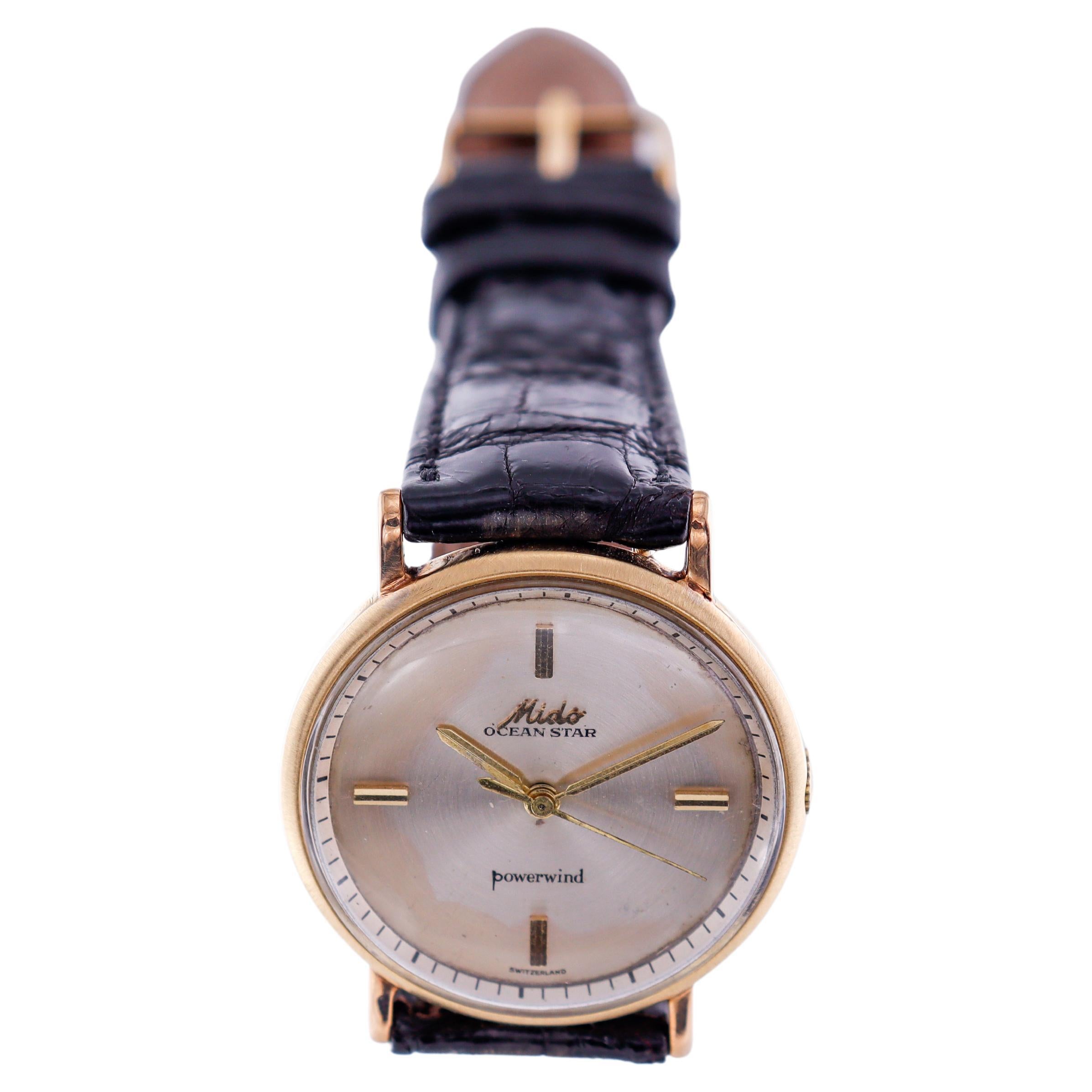 Modernist Mido 14Kt. Yellow Gold Ocean Star Art Deco Style Power Wind Watch, circa 1950s For Sale