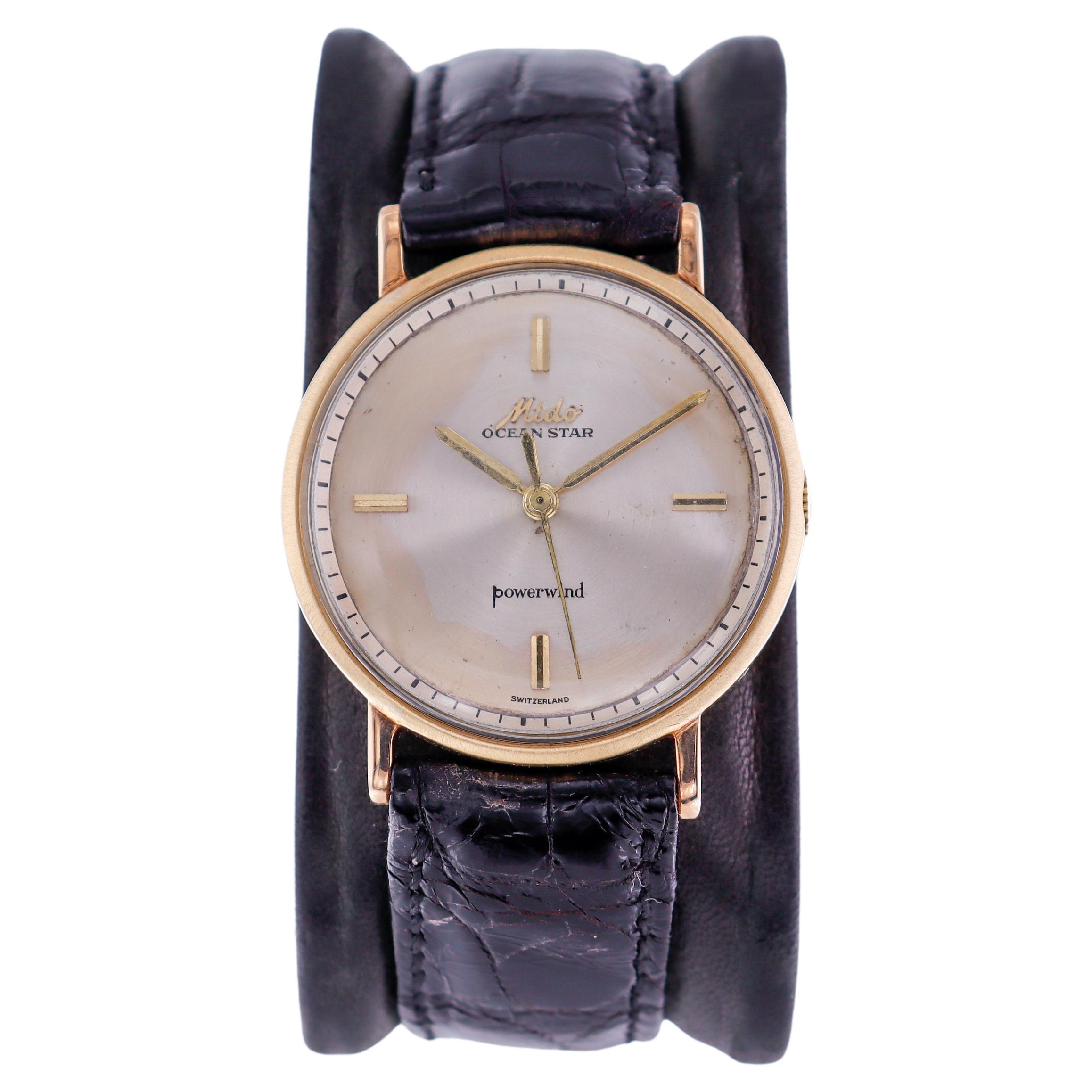 Mido 14Kt. Yellow Gold Ocean Star Art Deco Style Power Wind Watch, circa 1950s For Sale