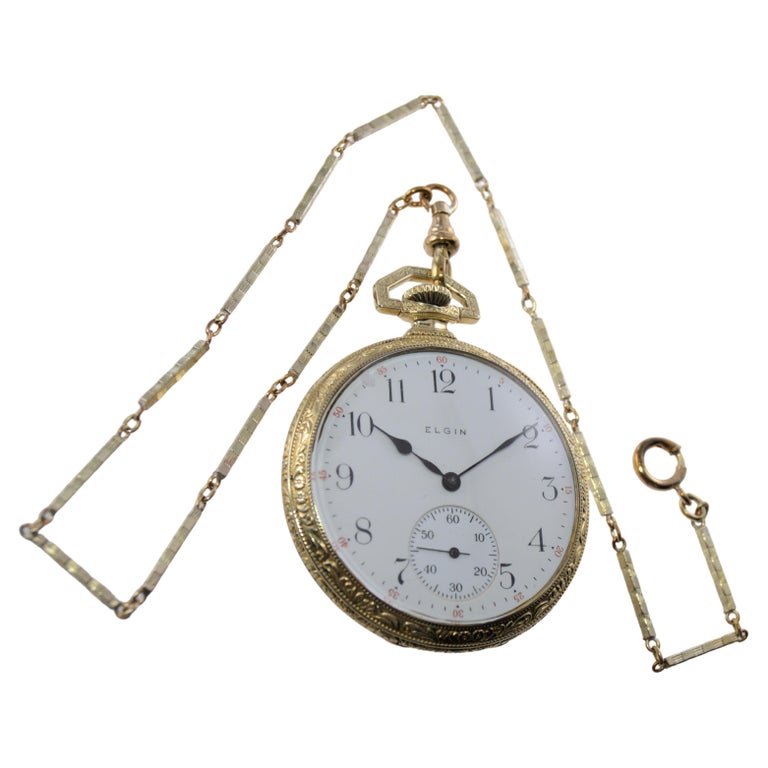 Reloj de bolsillo Art Déco Elgin de oro amarillo grabado a mano de 1918 en  venta en 1stDibs