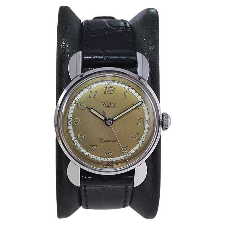Wyler Stainless Steel Incaflex Automaic Watch with Original Two Tone Dial 1950's For Sale