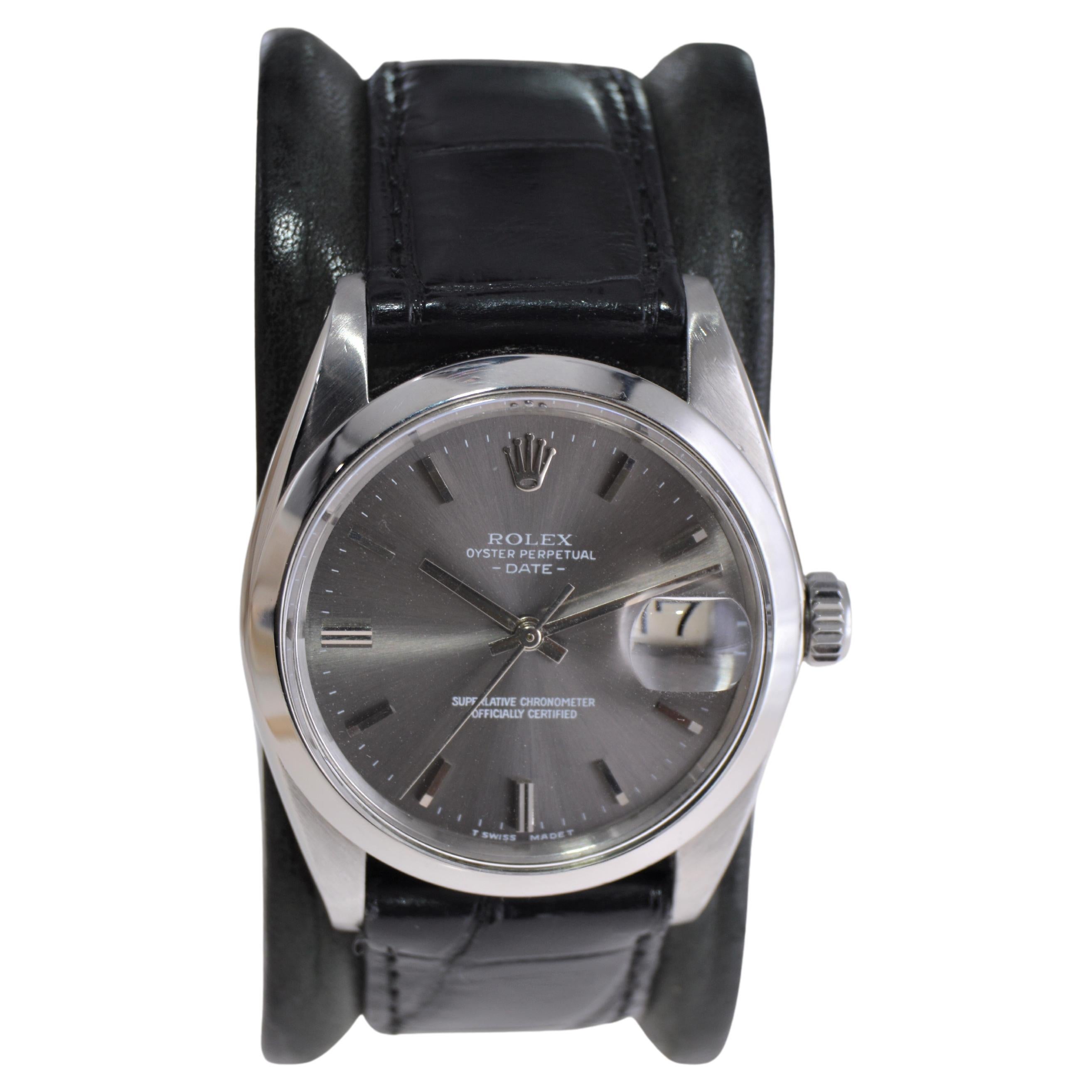 Rolex Steel Oyster Perpetual Date with Rare Original Charcoal Dial, 1960's For Sale