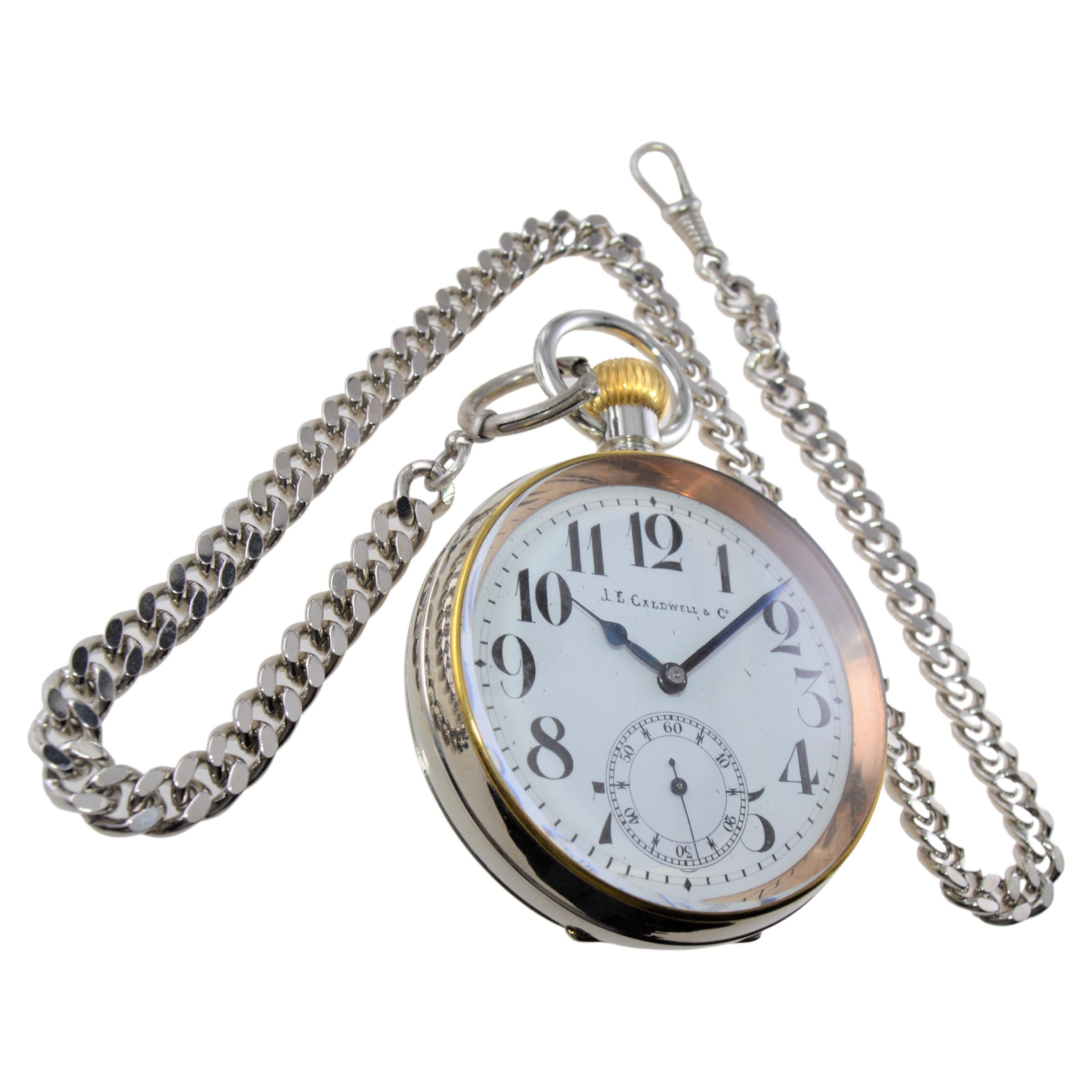 J.E Caldwaell & Co. Nickel Silver Oversized Pocket Watch with Enamel Dial For Sale