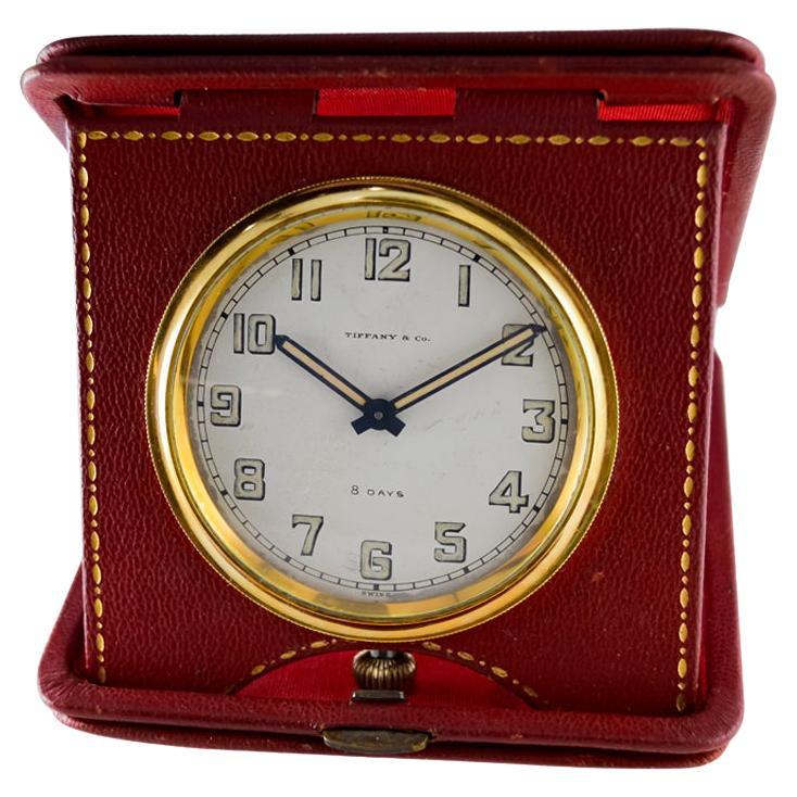 Tiffany & Co. Horloge de voyage et de bureau Art Déco à reliure cuir 8 jours