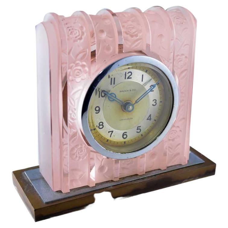 Brock & Co. French Glass Art Deco Boudoir Clock from 1930's For Sale