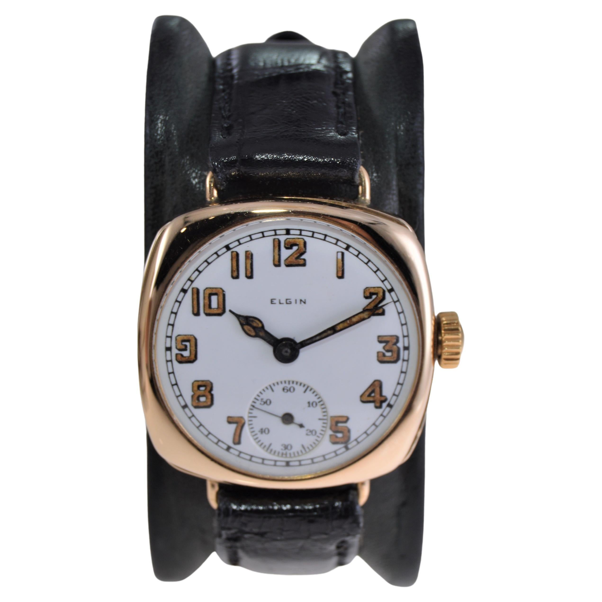 Elgin 14Kt. Massivgold kissenförmige frühe Armbanduhr Hochwertig von 1896 im Angebot