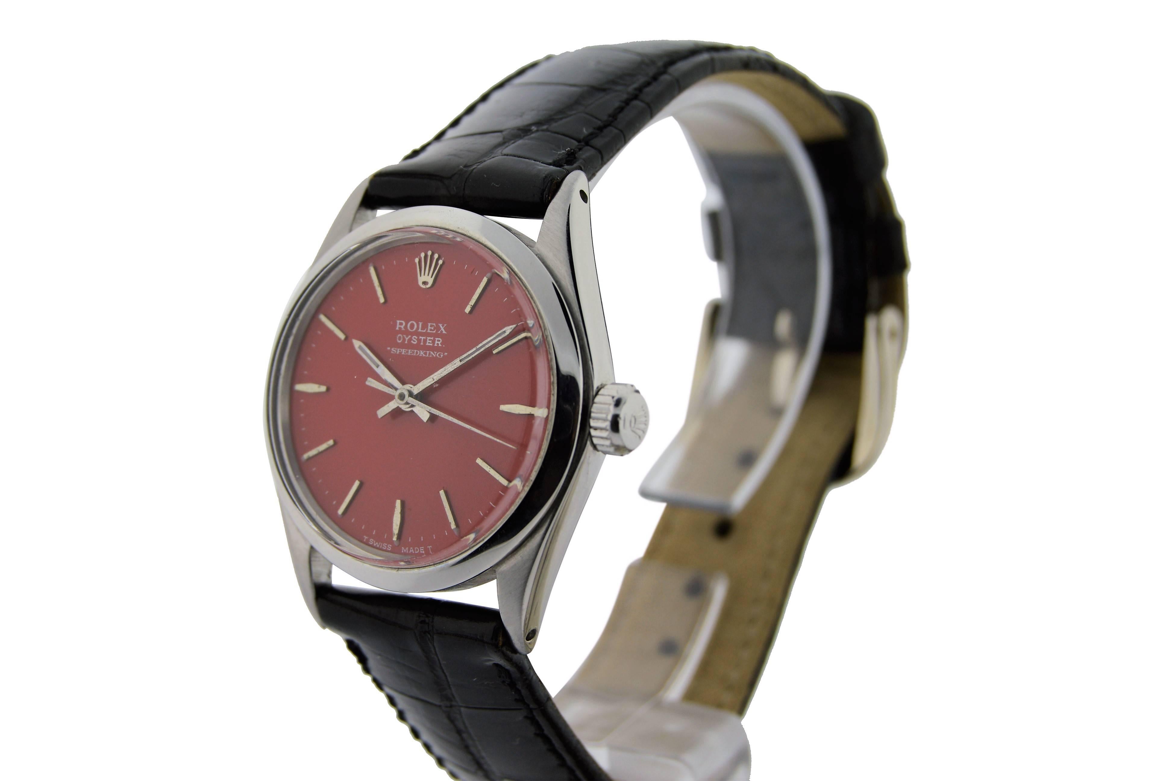 Rolex Stainless Steel Speedking Red Dial Oyster Watch, circa 1950s In Excellent Condition In Long Beach, CA