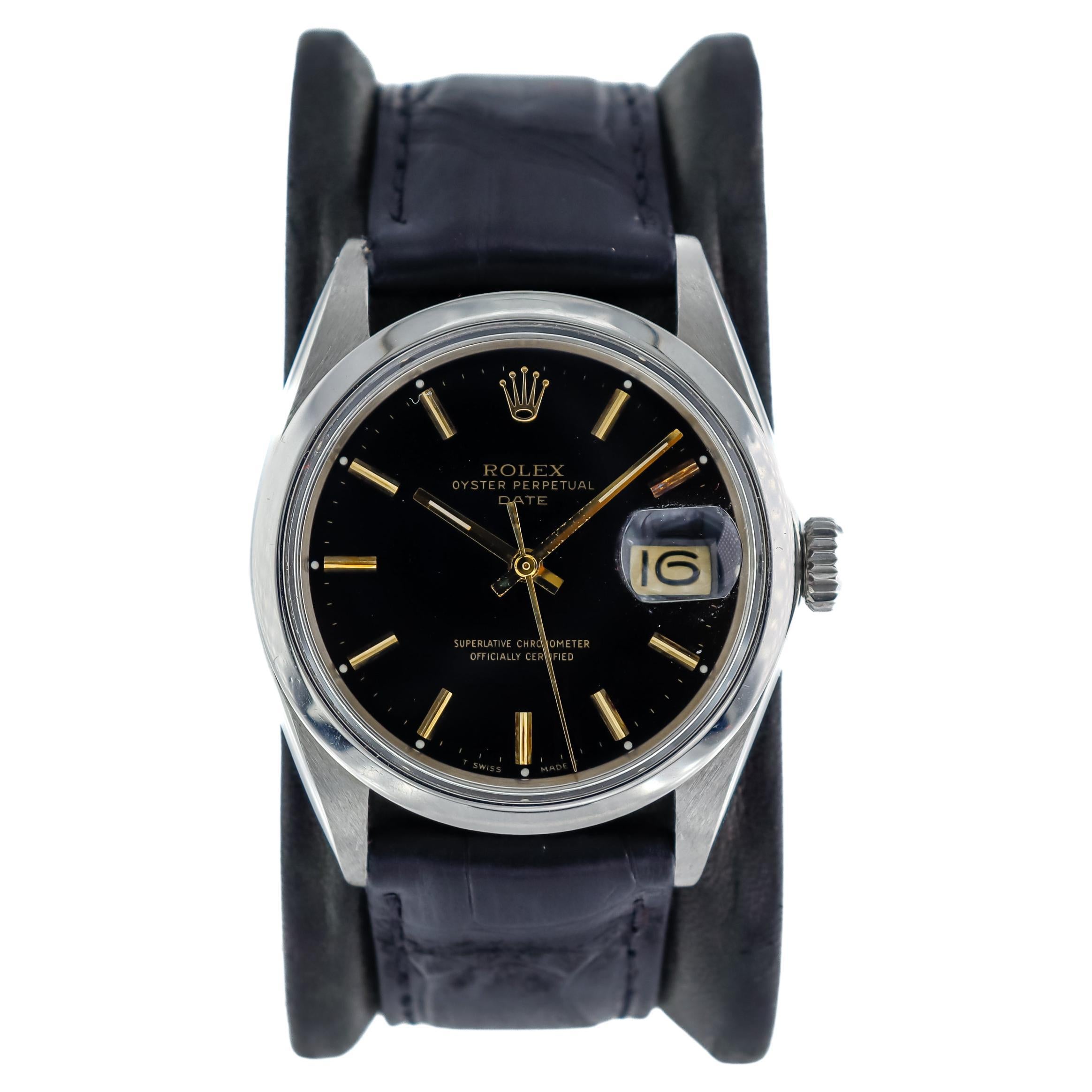 Rolex Steel Oyster Perpetual Date with Rare Original Black Dial and Gilt Markers For Sale