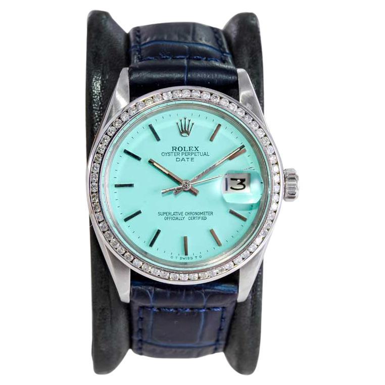 Rolex Steel Oyster Perpetual Date with Custom Tiffany Blue Dial Early 1970's For Sale