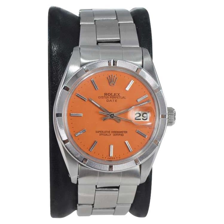 Rolex Oyster Perpetual Date de acero con esfera naranja acabada a medida circa, años 60 en venta