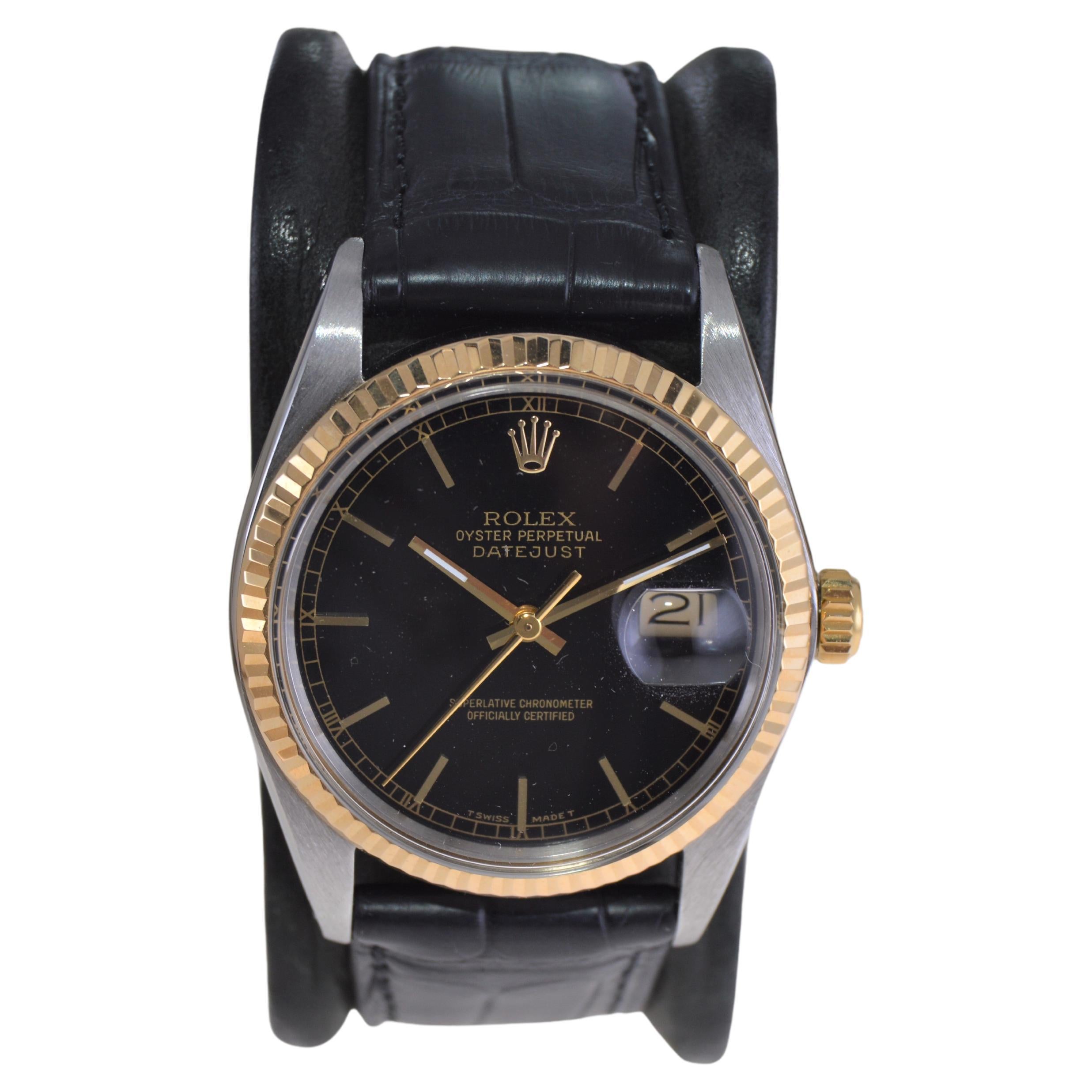 Rolex Two Tone Oyster Perpetual Datejust with Original Rare Black Dial 1987 For Sale