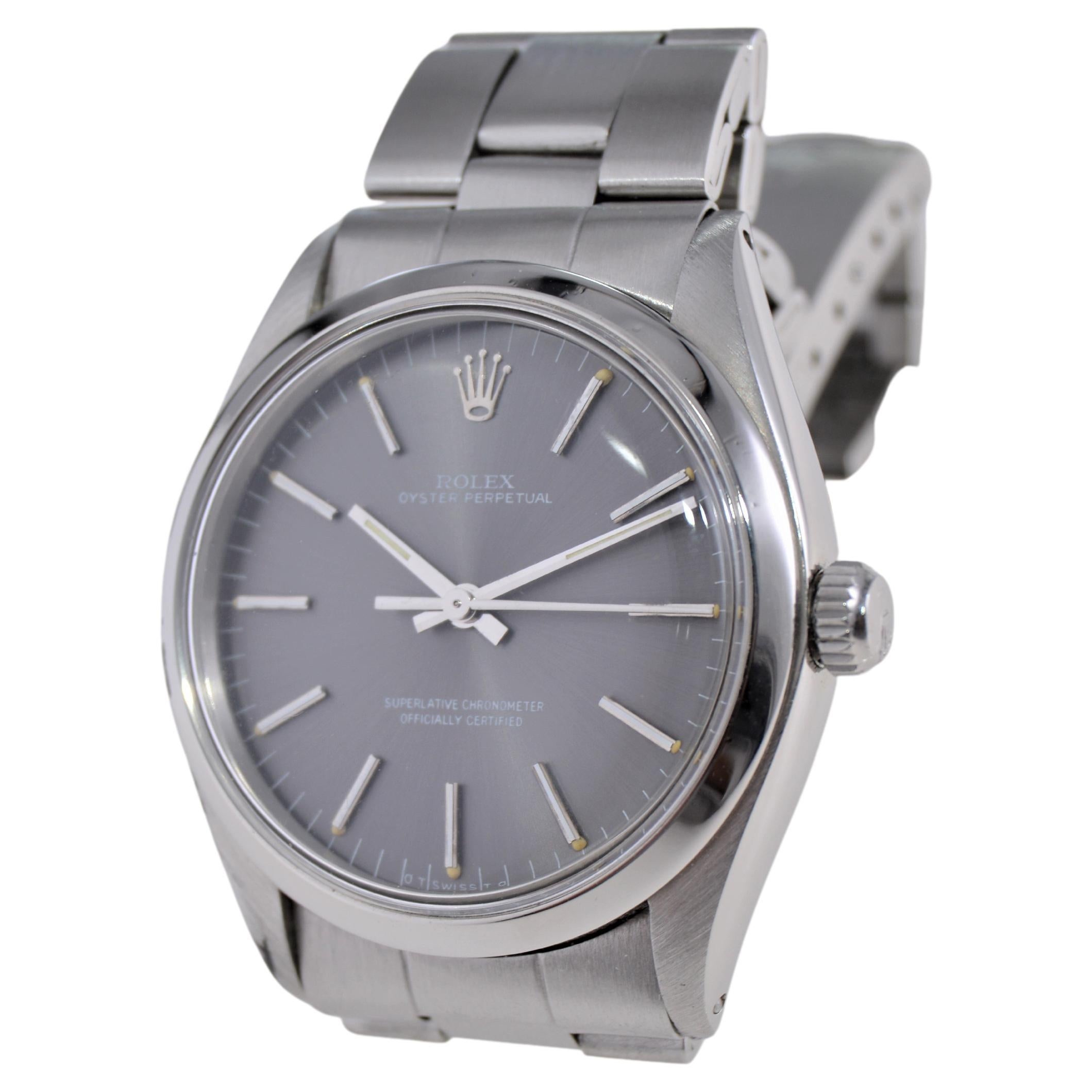 Rolex Steel Oyster Perpetual with Charcoal Dial, 1960's  In Excellent Condition For Sale In Long Beach, CA