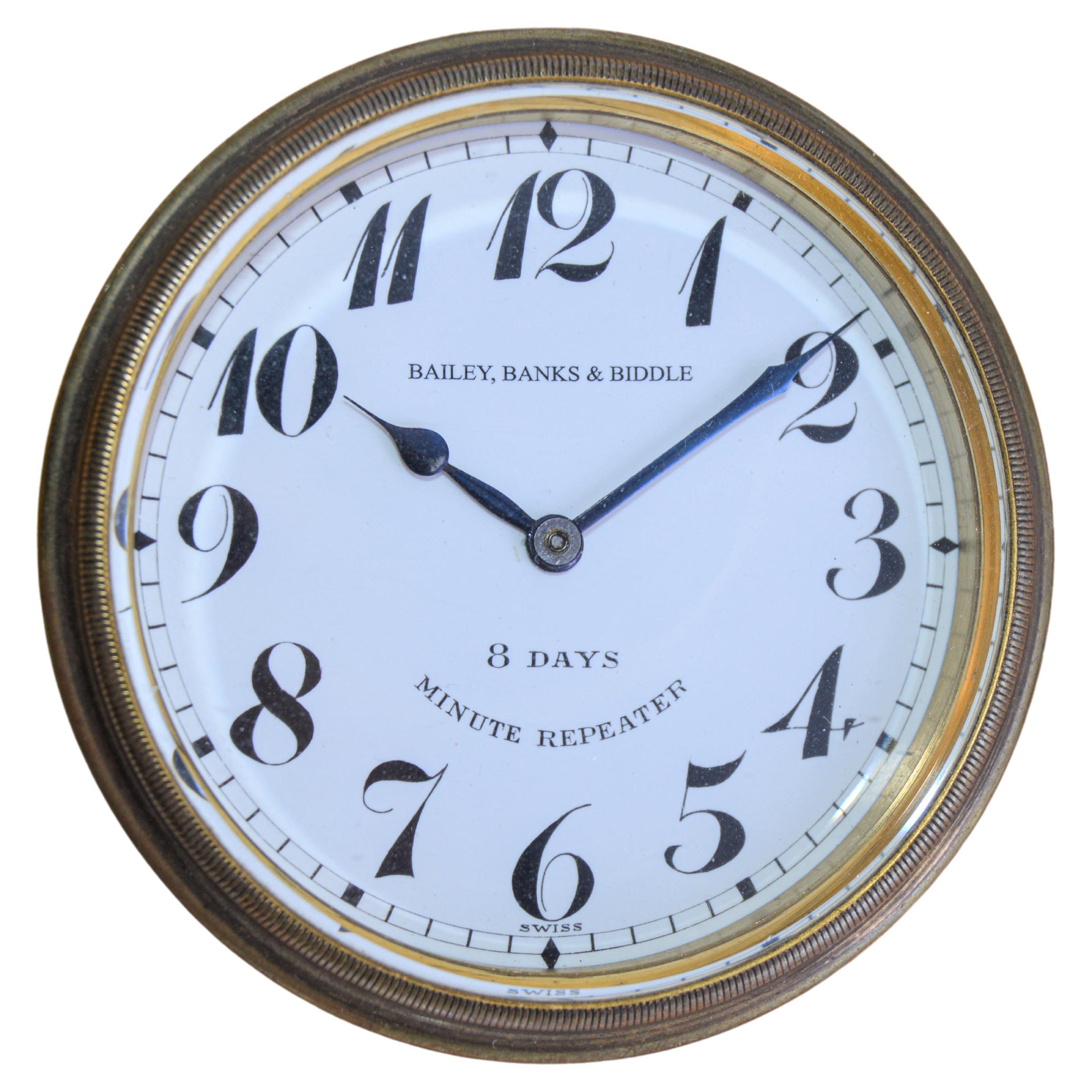 FACTORY / HOUSE: Bailey, Banks & Biddle
STYLE / REFERENCE: Art Deco / 8 Day Clock
METAL / MATERIAL:
CIRCA / YEAR:
DIMENSIONS / SIZE: 8 Inches X 6 Inches
MOVEMENT / CALIBER: High Grade / 8 Day / 15 Jewels
DIAL / HANDS: Enamel with Luminous Numbers /