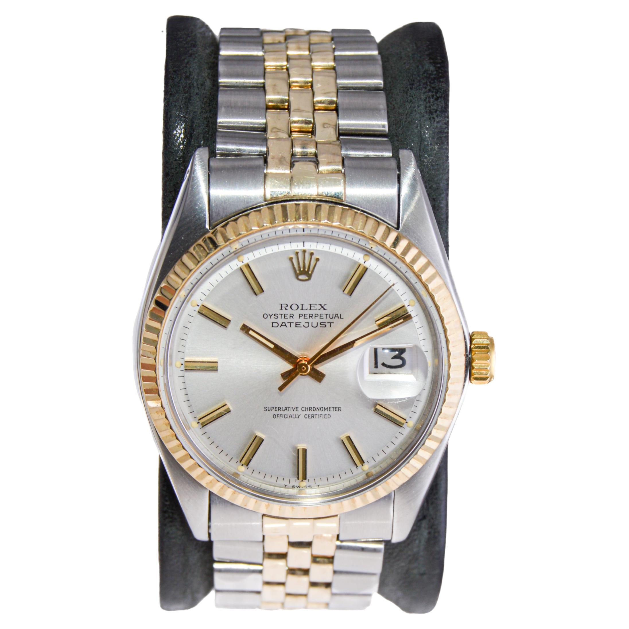 FACTORY / HOUSE: Rolex Watch Company
STYLE / REFERENCE: Oyster Perpetual Datejust / Reference 1601
METAL / MATERIAL: Stainless Steel / 14Kt Yellow Gold
DIMENSIONS / SIZE: Length 44mm x Diameter 36mm
MOVEMENT / CALIBER: Perpetual Winding / 26 Jewels