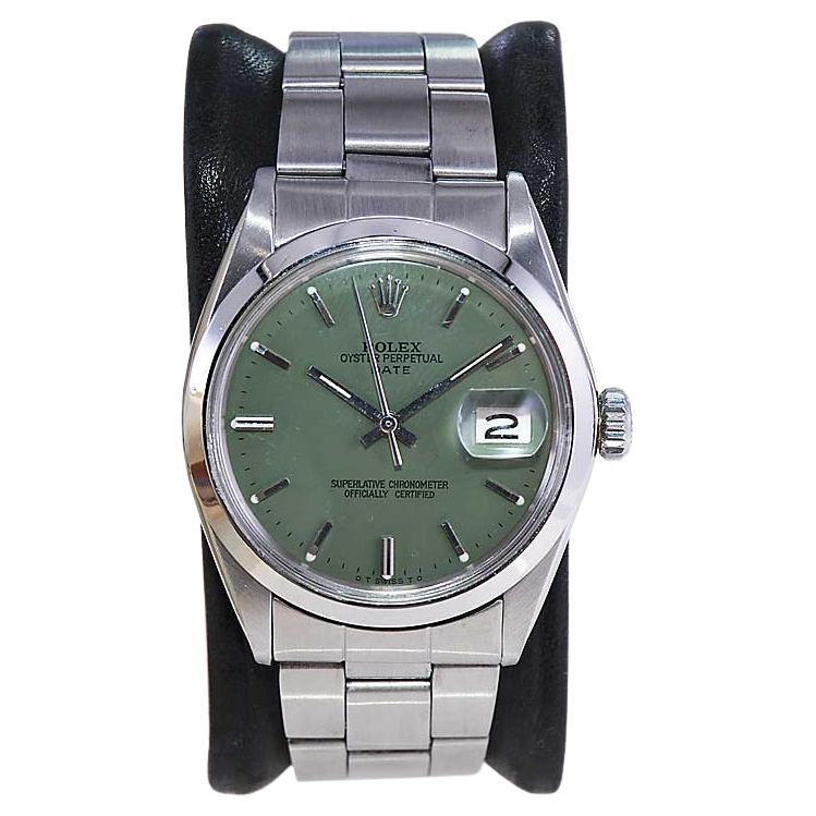 Rolex Steel Oyster Perpetual Date with Custom Made Sage Green Dial 1970's For Sale