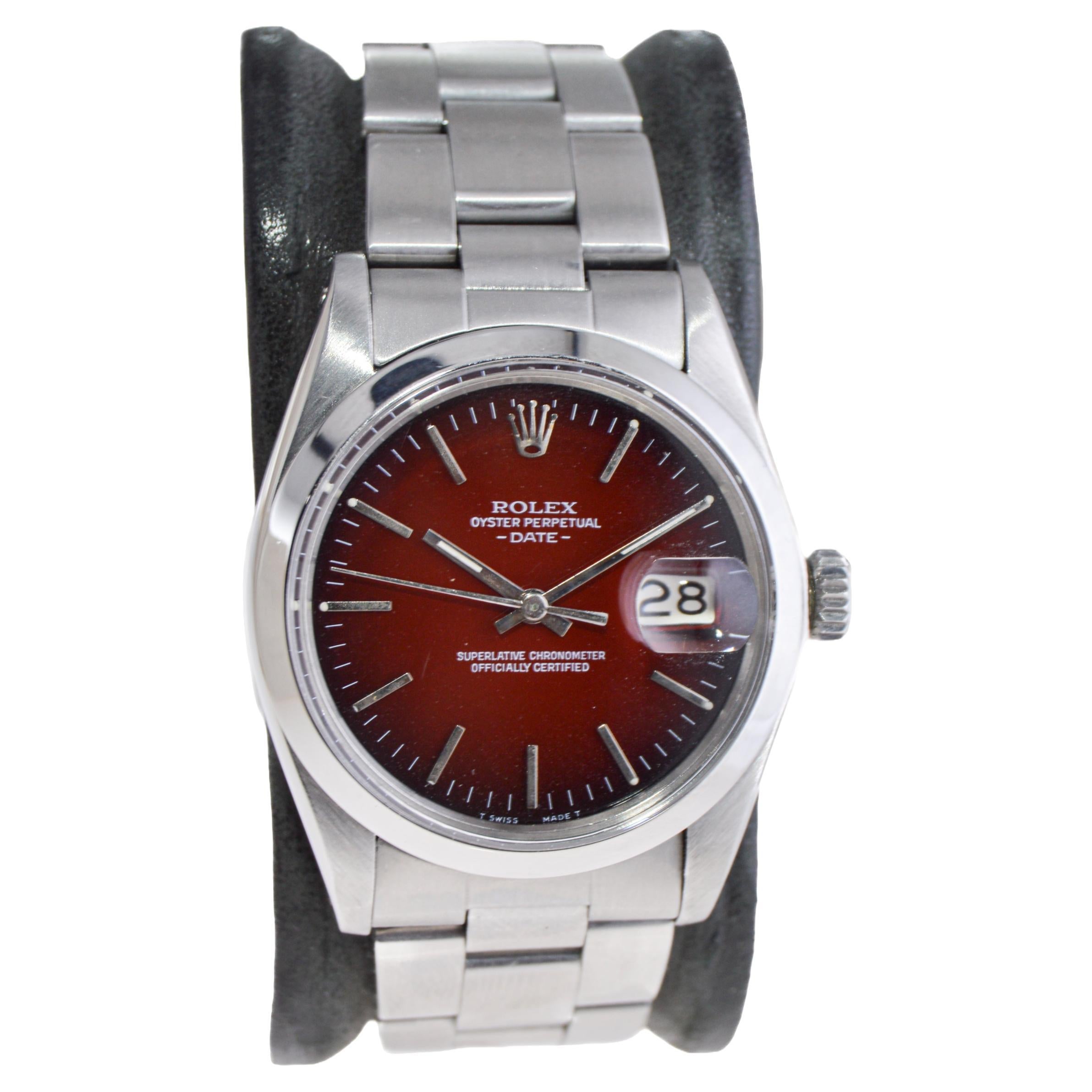 Rolex Oyster Perpetual Date with Rare, Original Shaded Sunburst Red Dial 1970's For Sale
