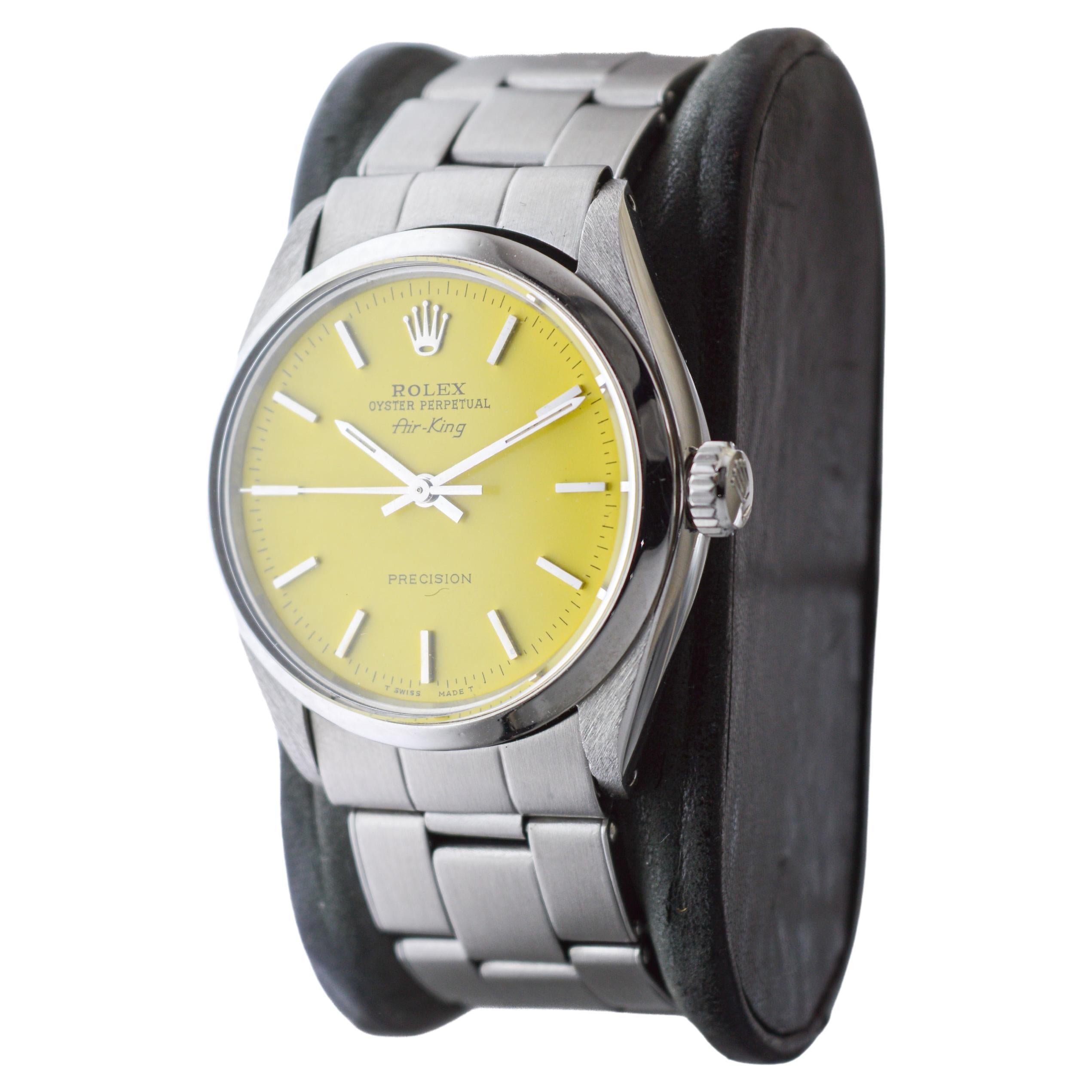 Women's or Men's Rolex Steel Oyster Perpetual Air King with Custom Yellow Dial 1970s For Sale