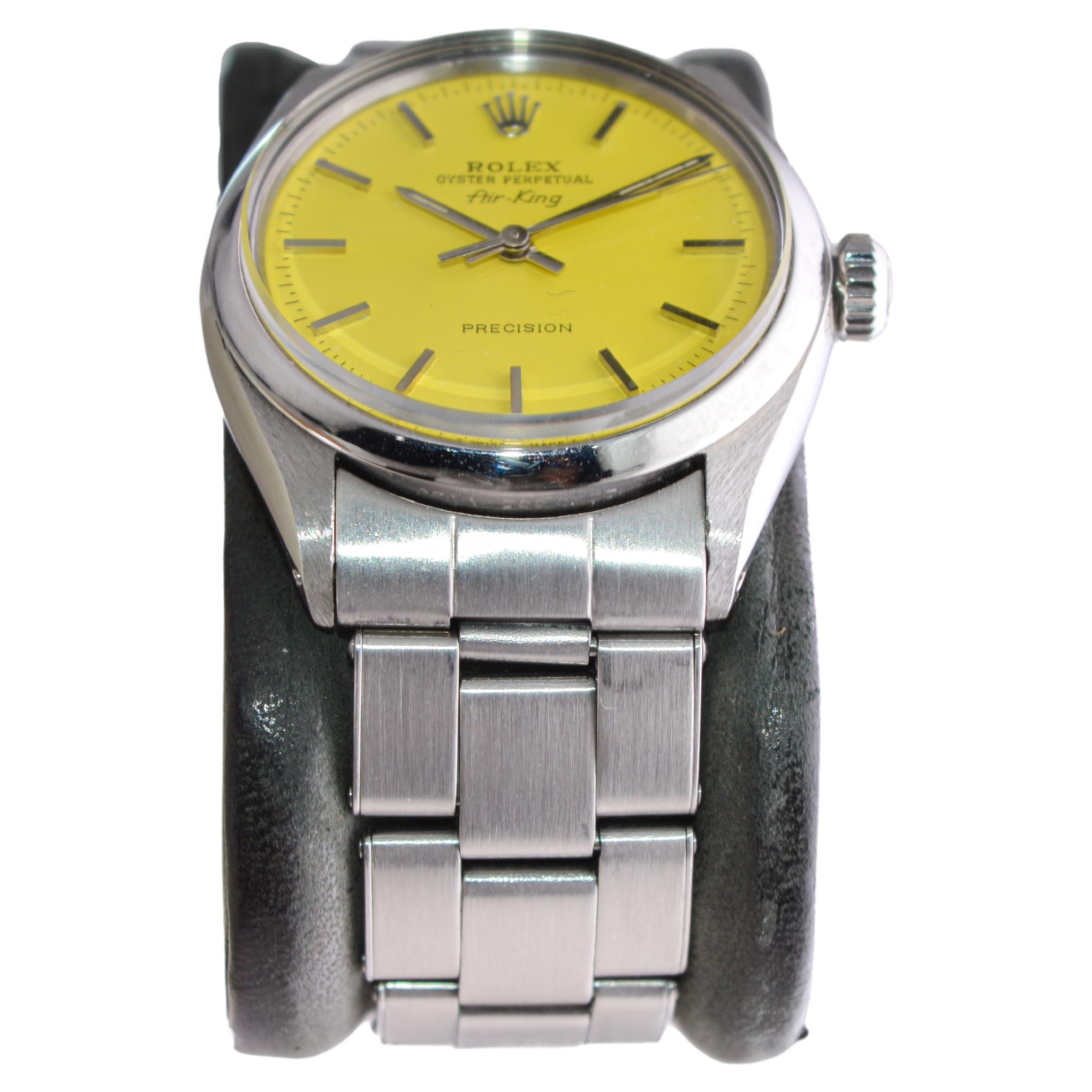 Rolex Steel Oyster Perpetual Air King with Custom Yellow Dial 1970s In Excellent Condition For Sale In Long Beach, CA