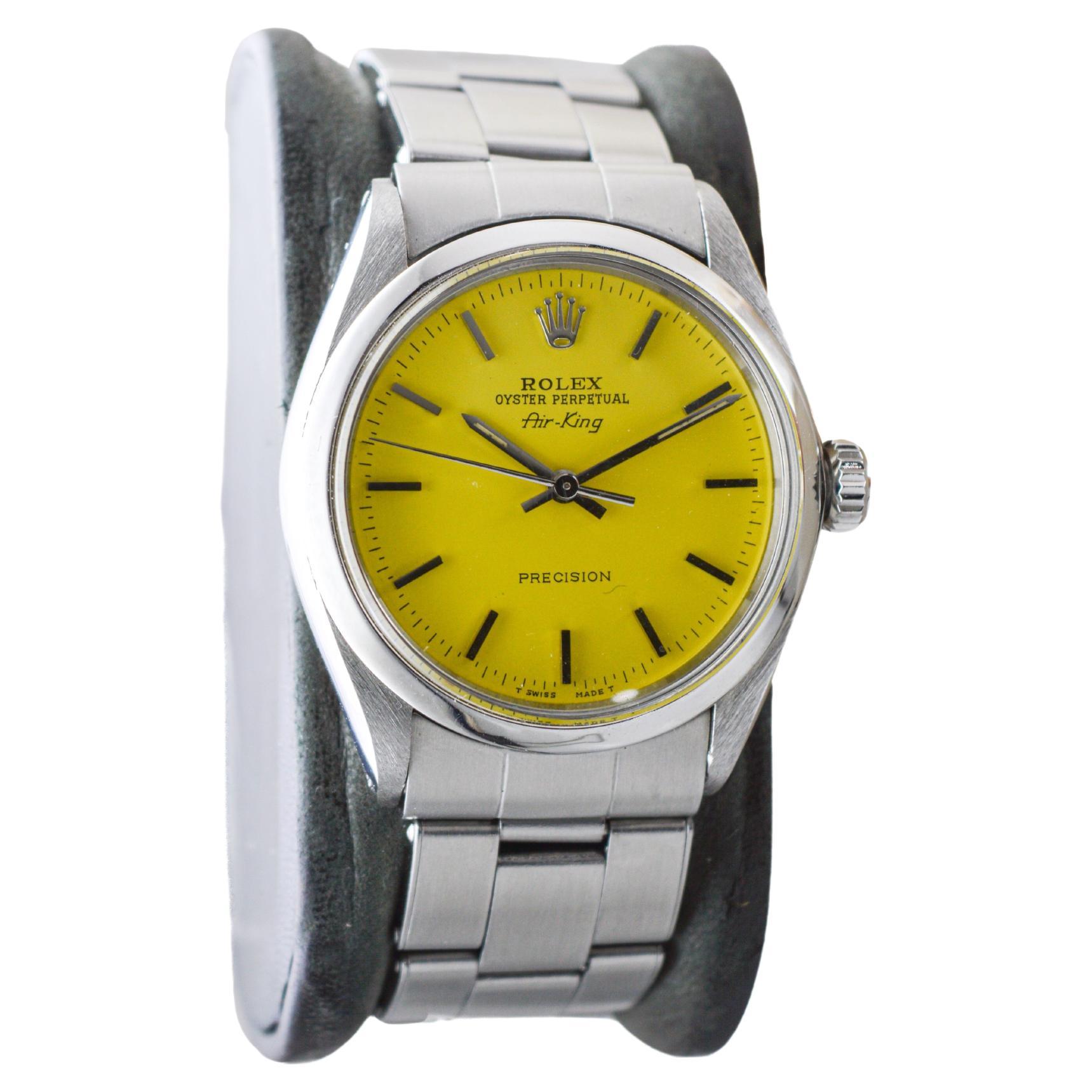 Rolex Steel Oyster Perpetual Air King with Custom Yellow Dial 1970s For Sale