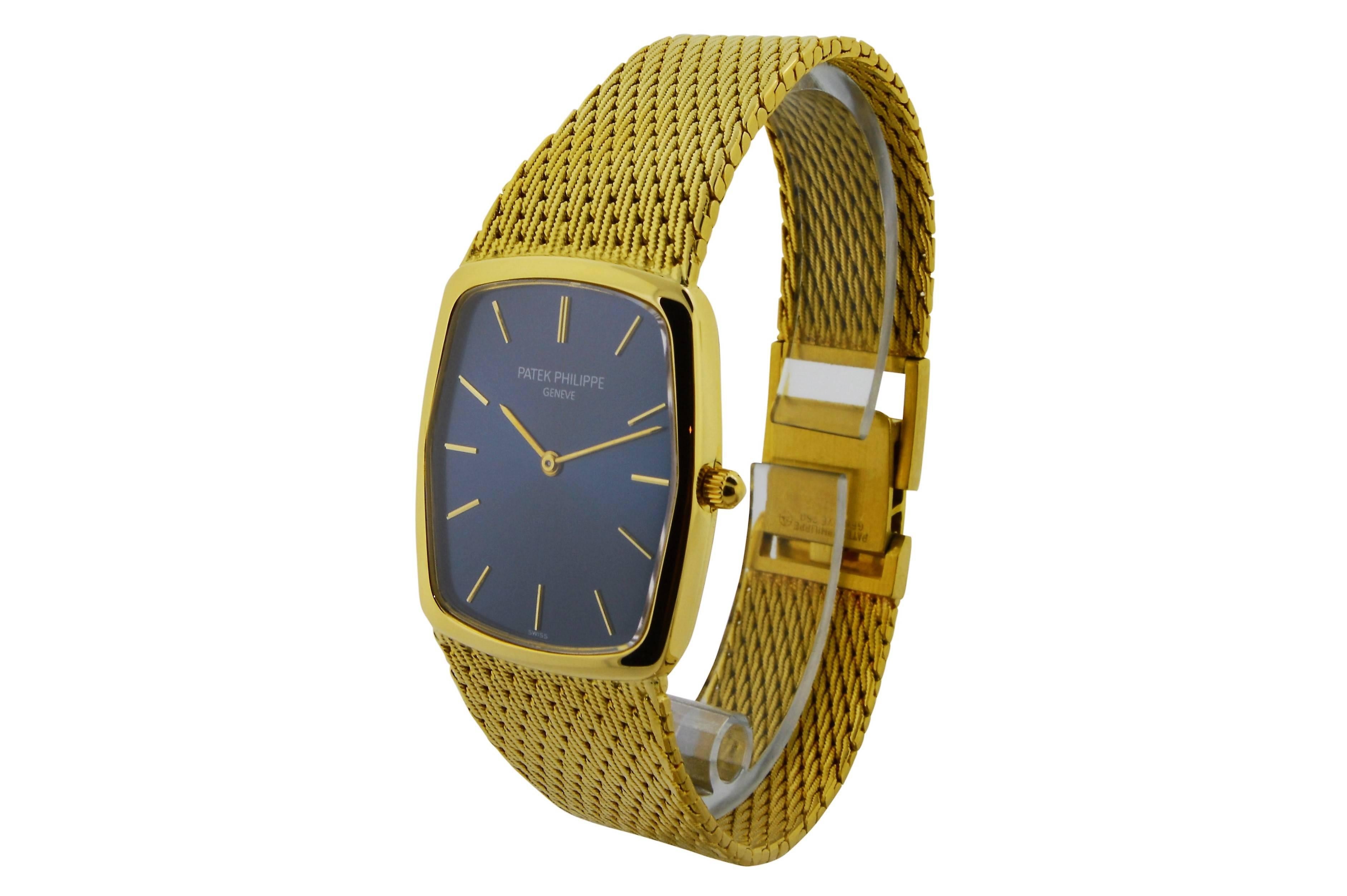 FACTORY / HOUSE: Patek Philippe Watch Company
STYLE / REFERENCE: Men's Yellow Gold Bracelet Watch, Ref. 3556-1
MOVEMENT / CALIBER: Quartz, E26
DIAL / HANDS:Original, Blue, Solid Gold Baton Markers, Solid Gold Baton Hands
DIMENSIONS: 32mm X